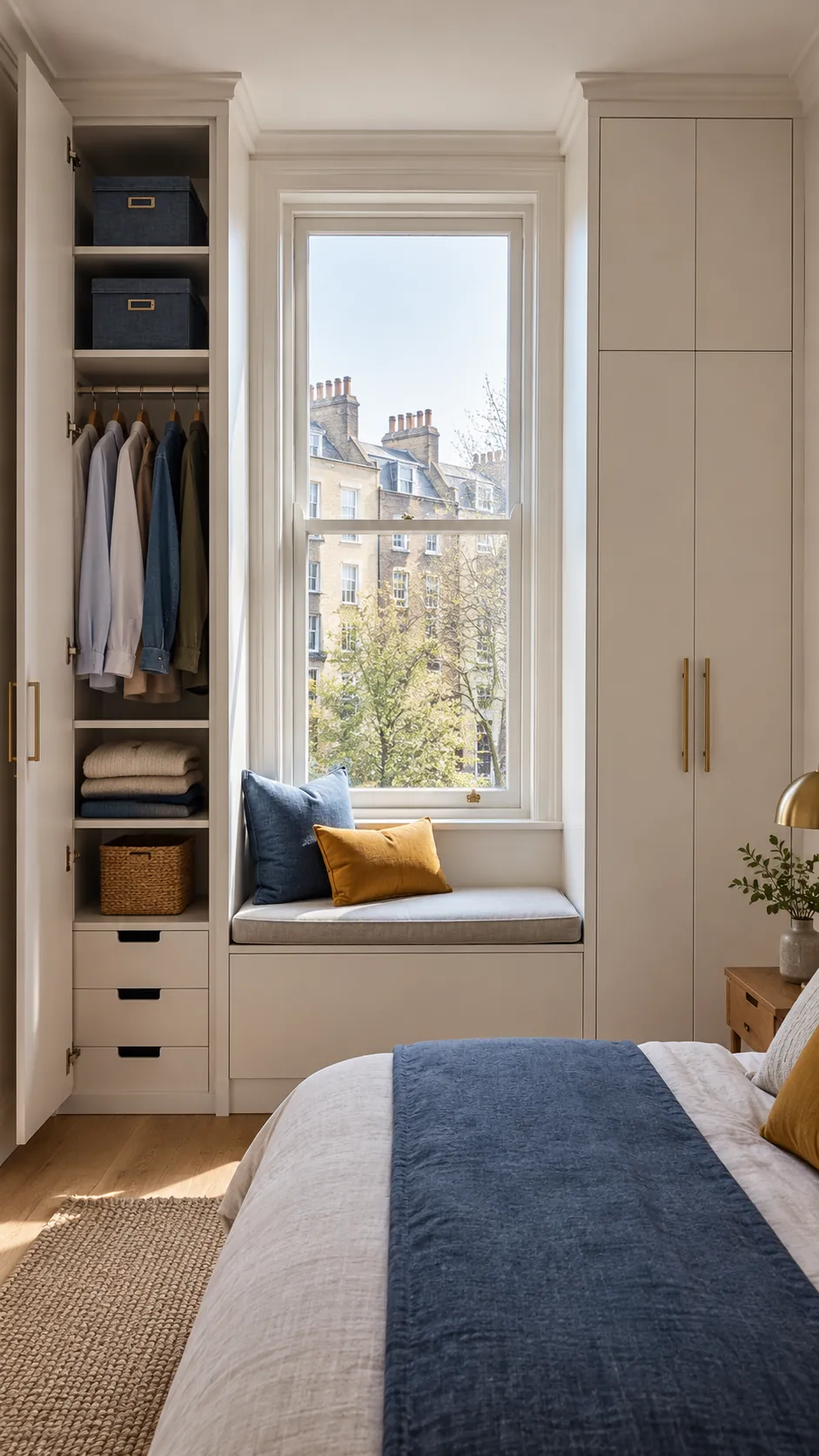 Twin narrow wardrobes framing a window in a small shared bedroom