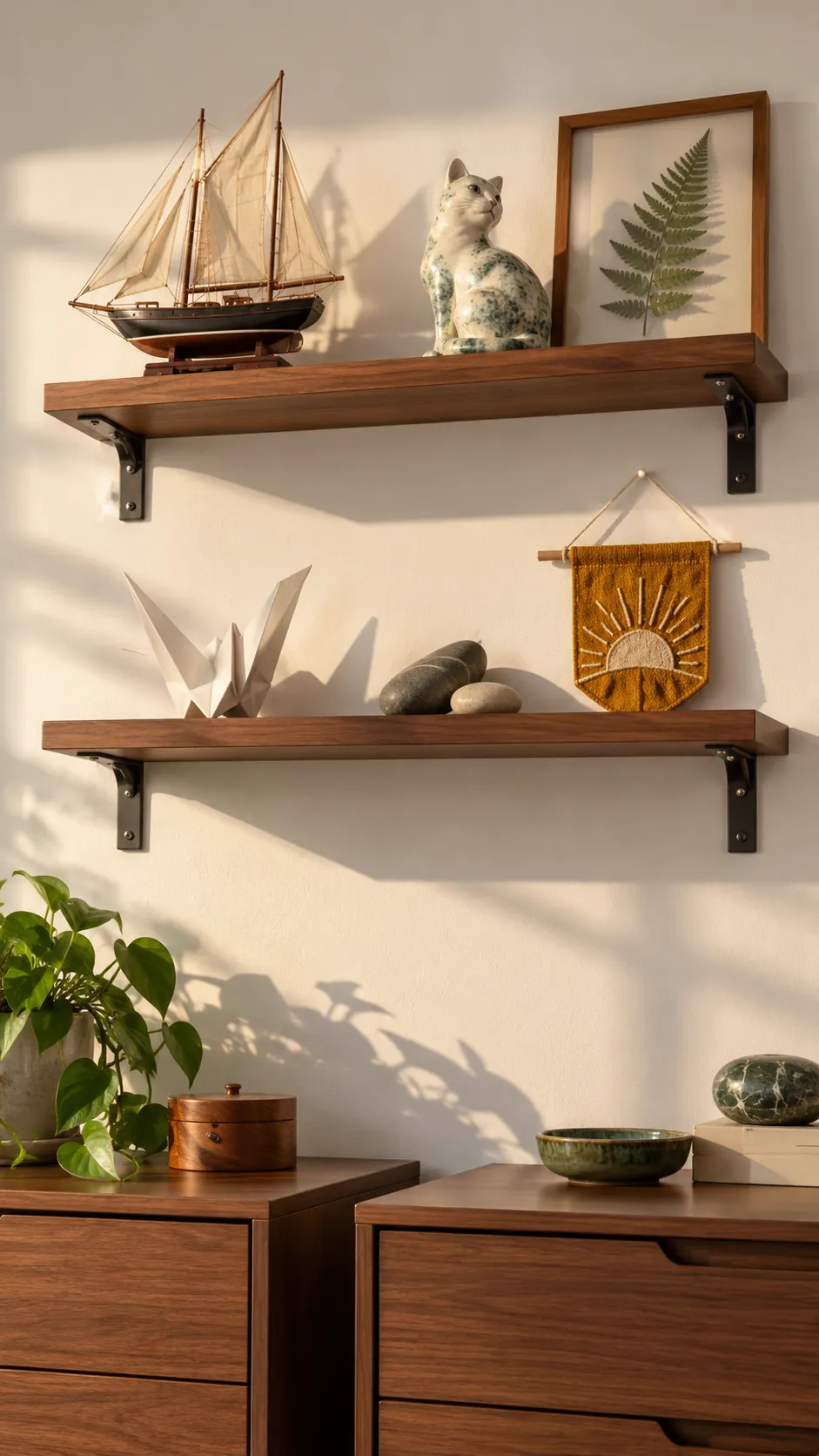 Two high personal display shelves in a compact shared kids bedroom