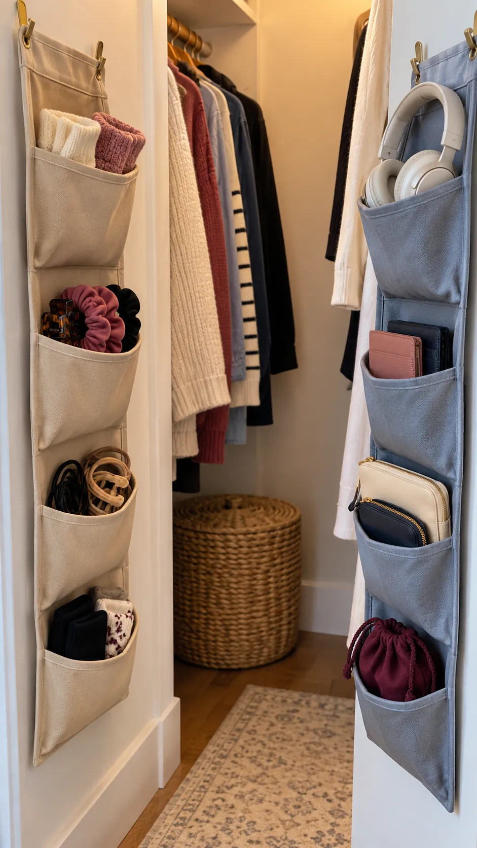 Two fabric pocket organizers separating small belongings for siblings