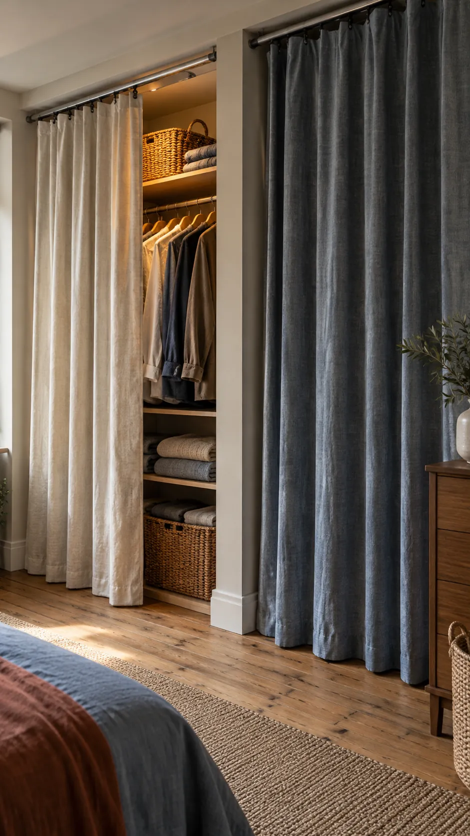 Two compact open closets hidden by separate curtain panels