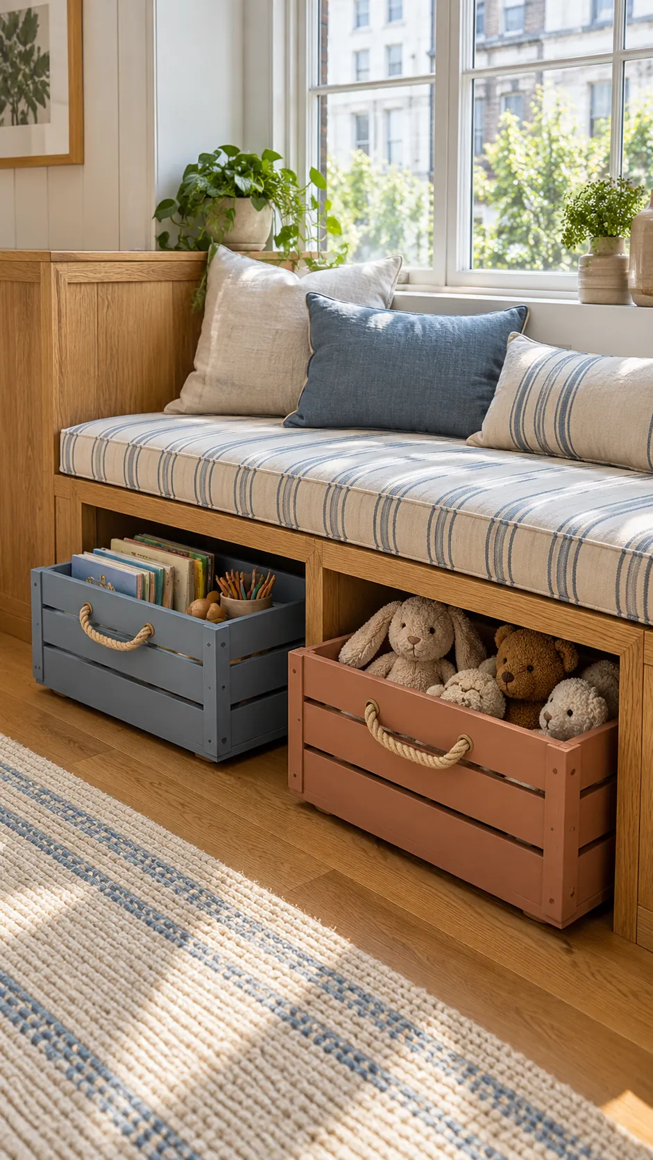 Window bench with one personal storage crate for each child