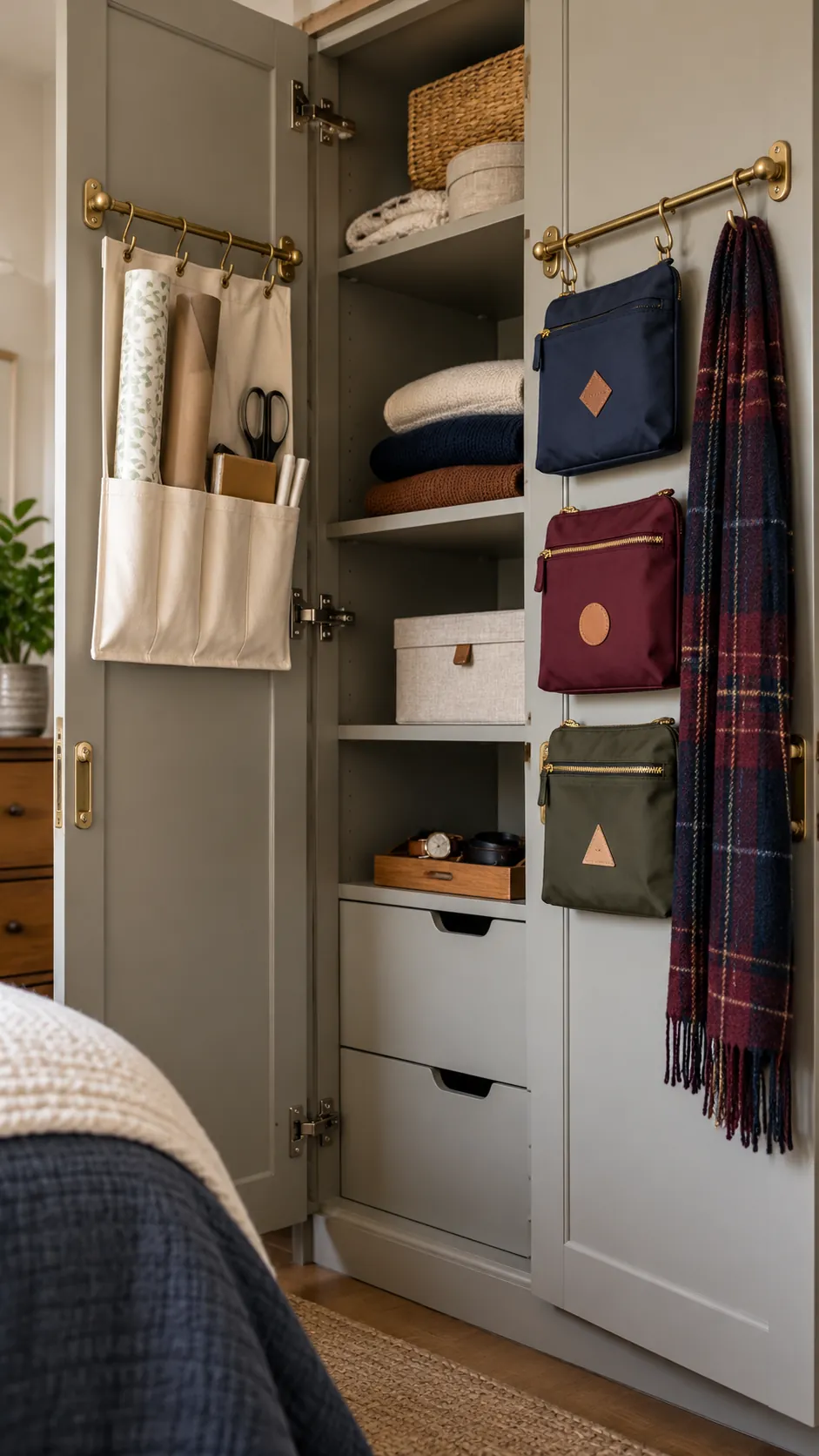 Personal storage rails mounted inside two cabinet doors