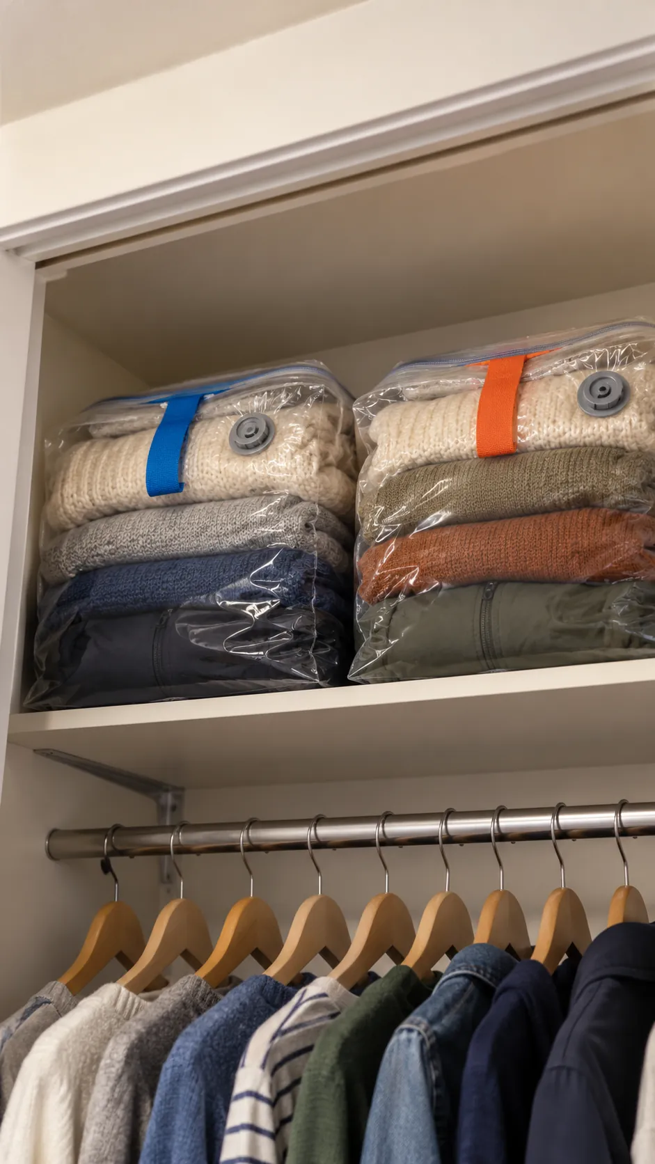 Separately labeled seasonal clothing bags on a high closet shelf