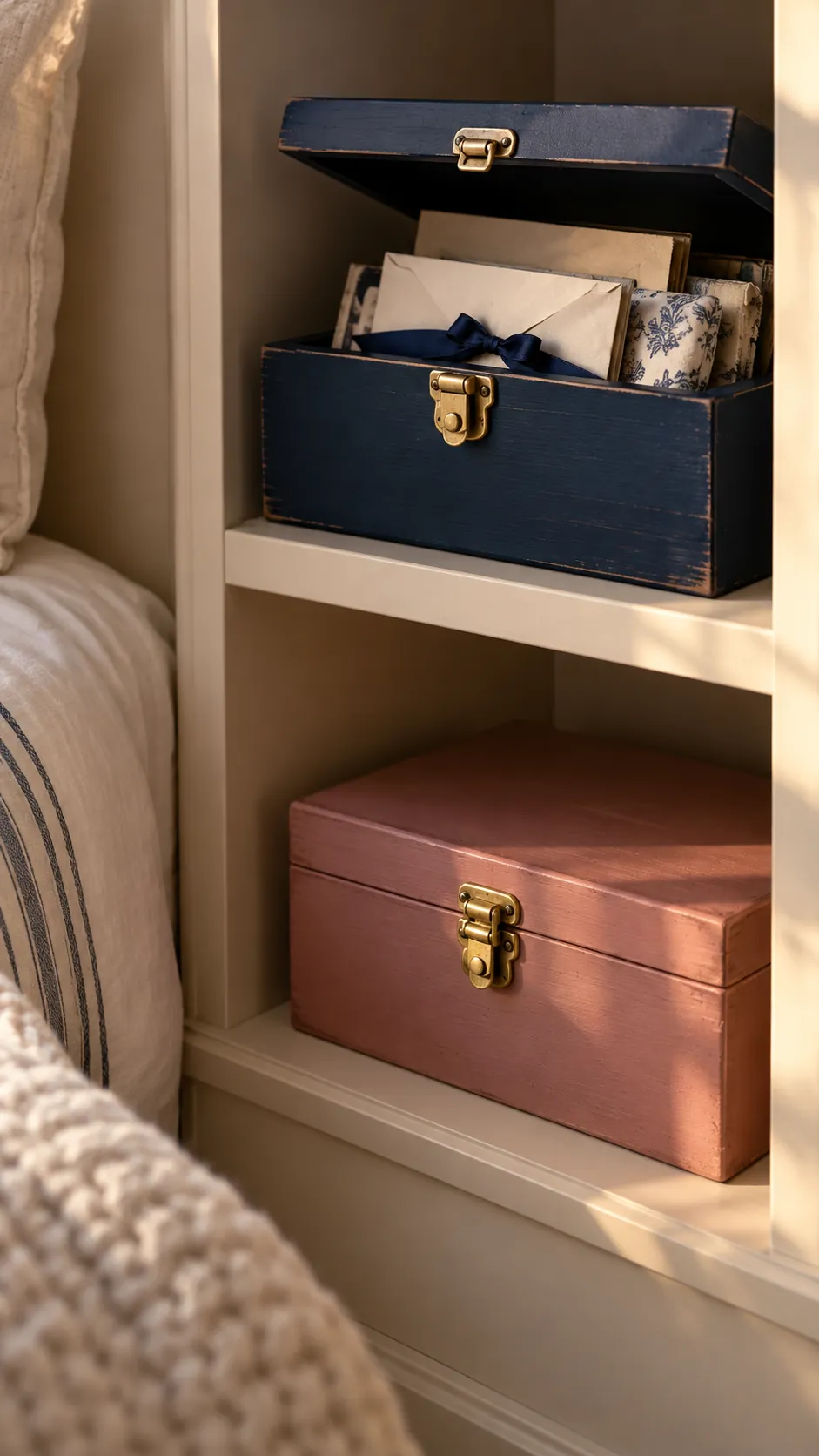 Two compact personal memory boxes stored on separate shelves