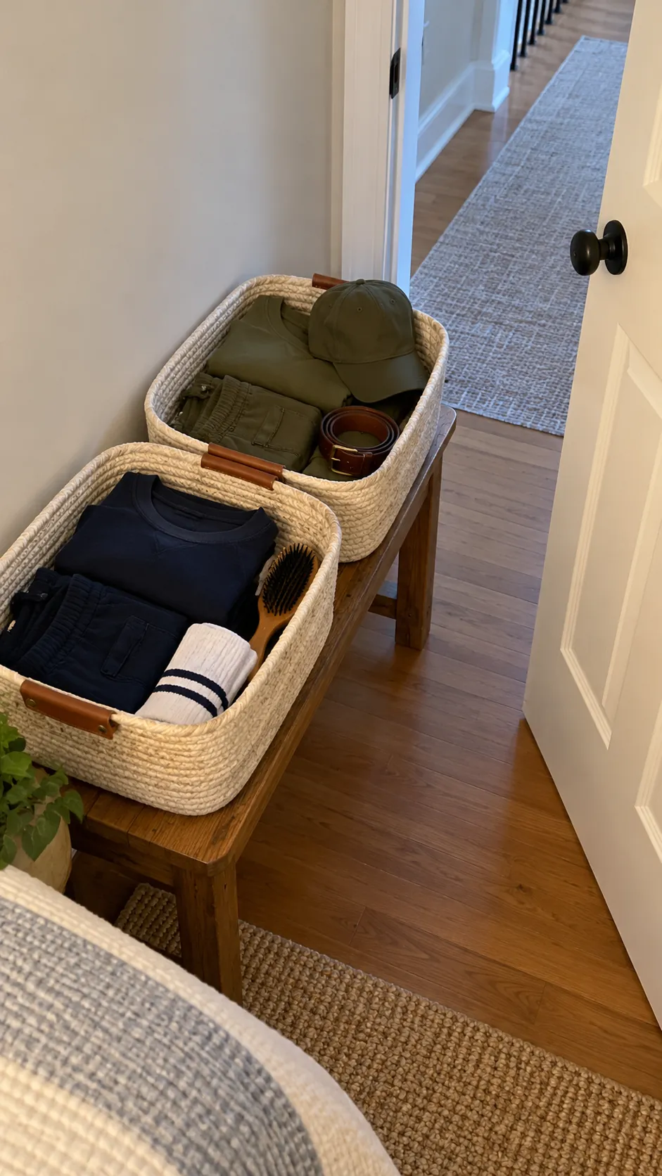 Two open morning routine baskets beside a shared bedroom exit