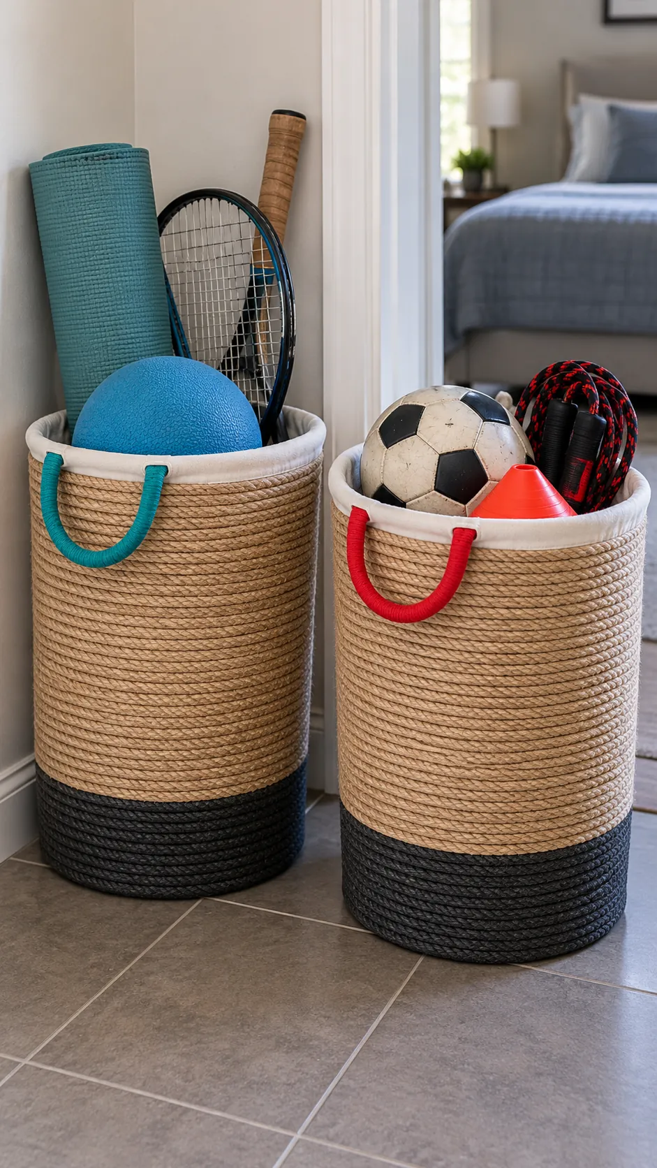 Two tall personal baskets containing children sports gear