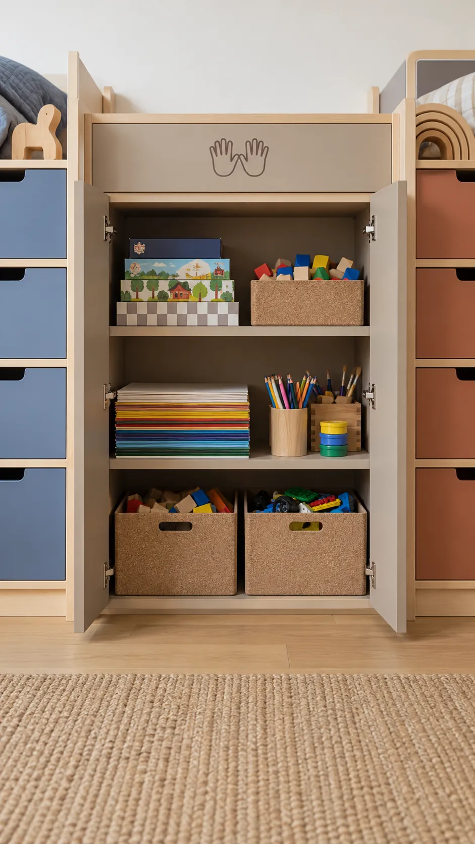 Clearly labeled shared toy cabinet between two personal storage zones
