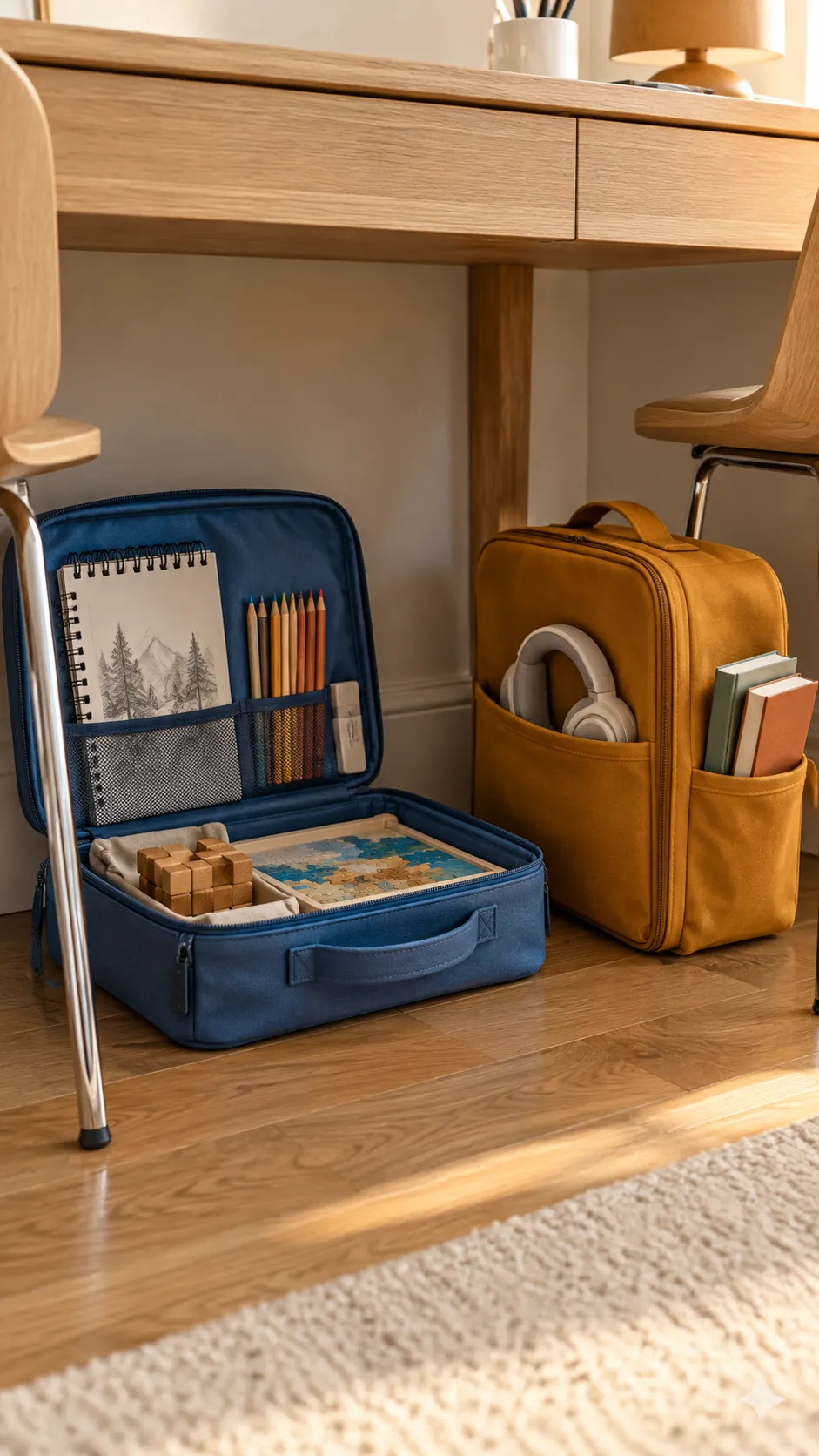 Two personal quiet activity cases stored beneath kids desks
