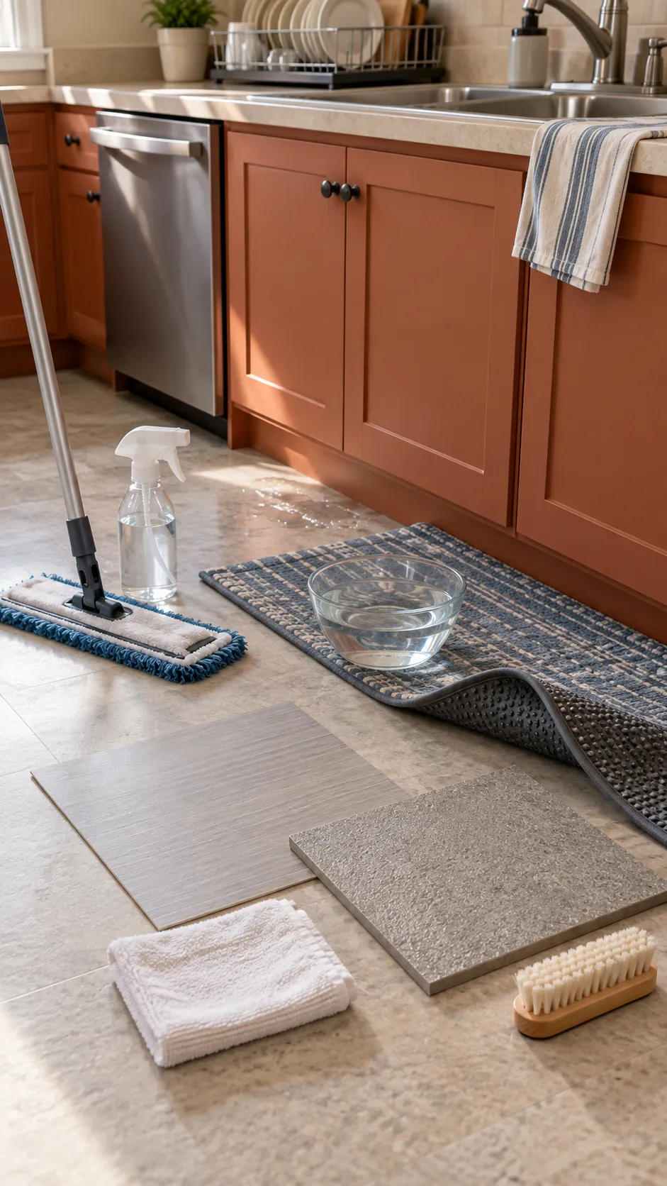 Textured kitchen flooring sample beside approved cleaning tools and a washable mat