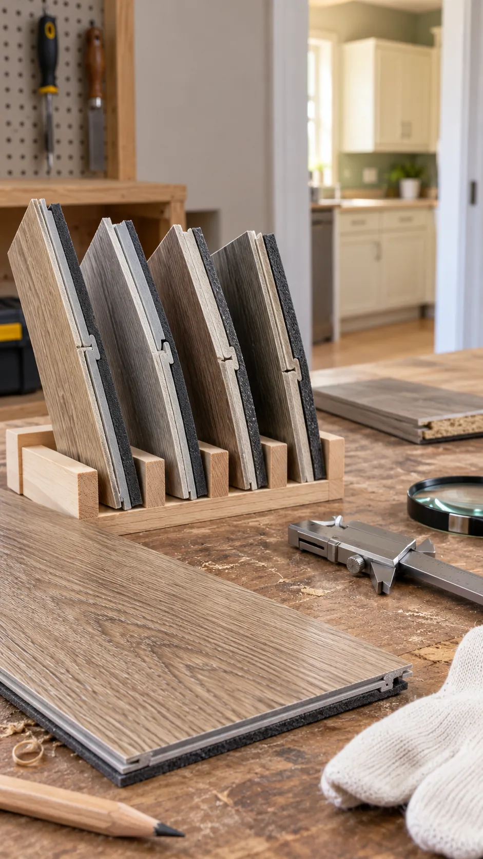 Vinyl plank edge showing wear surface core and attached backing