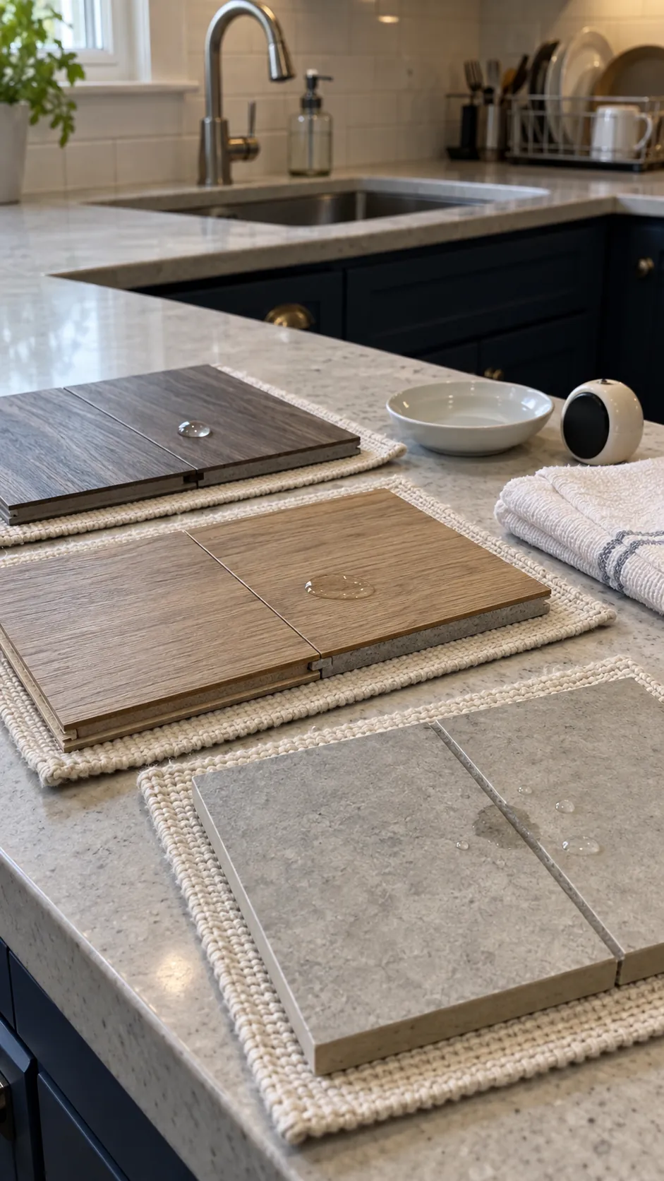 Kitchen flooring samples checked with small water droplets and dry edges