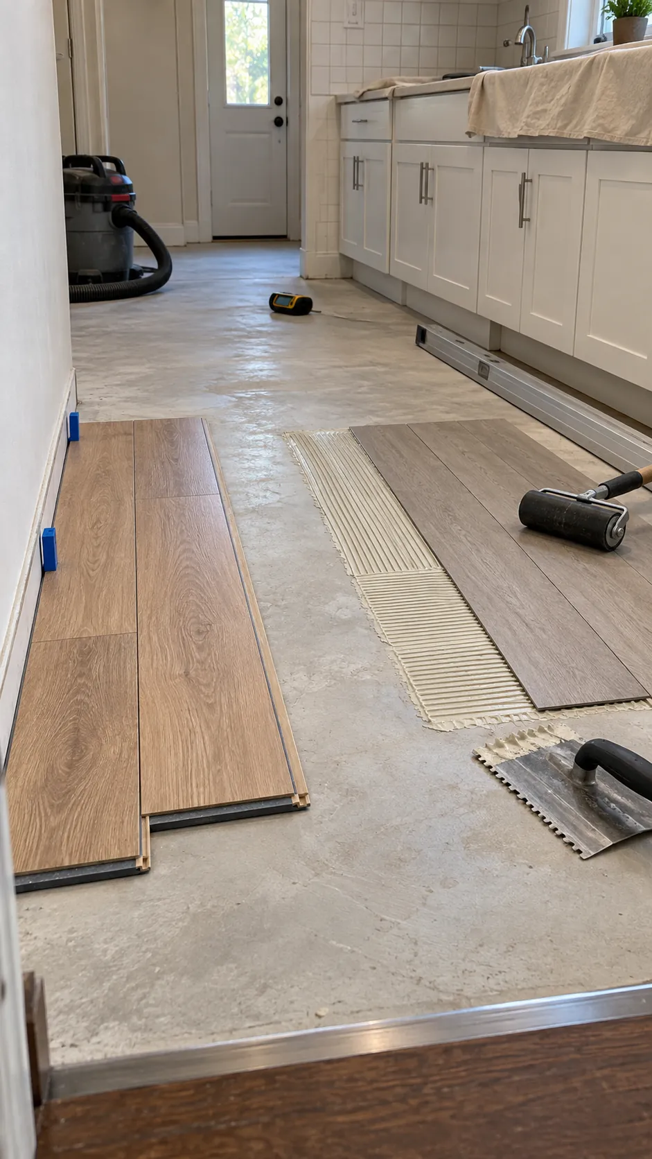 Click lock and glue down vinyl samples compared on a prepared kitchen subfloor