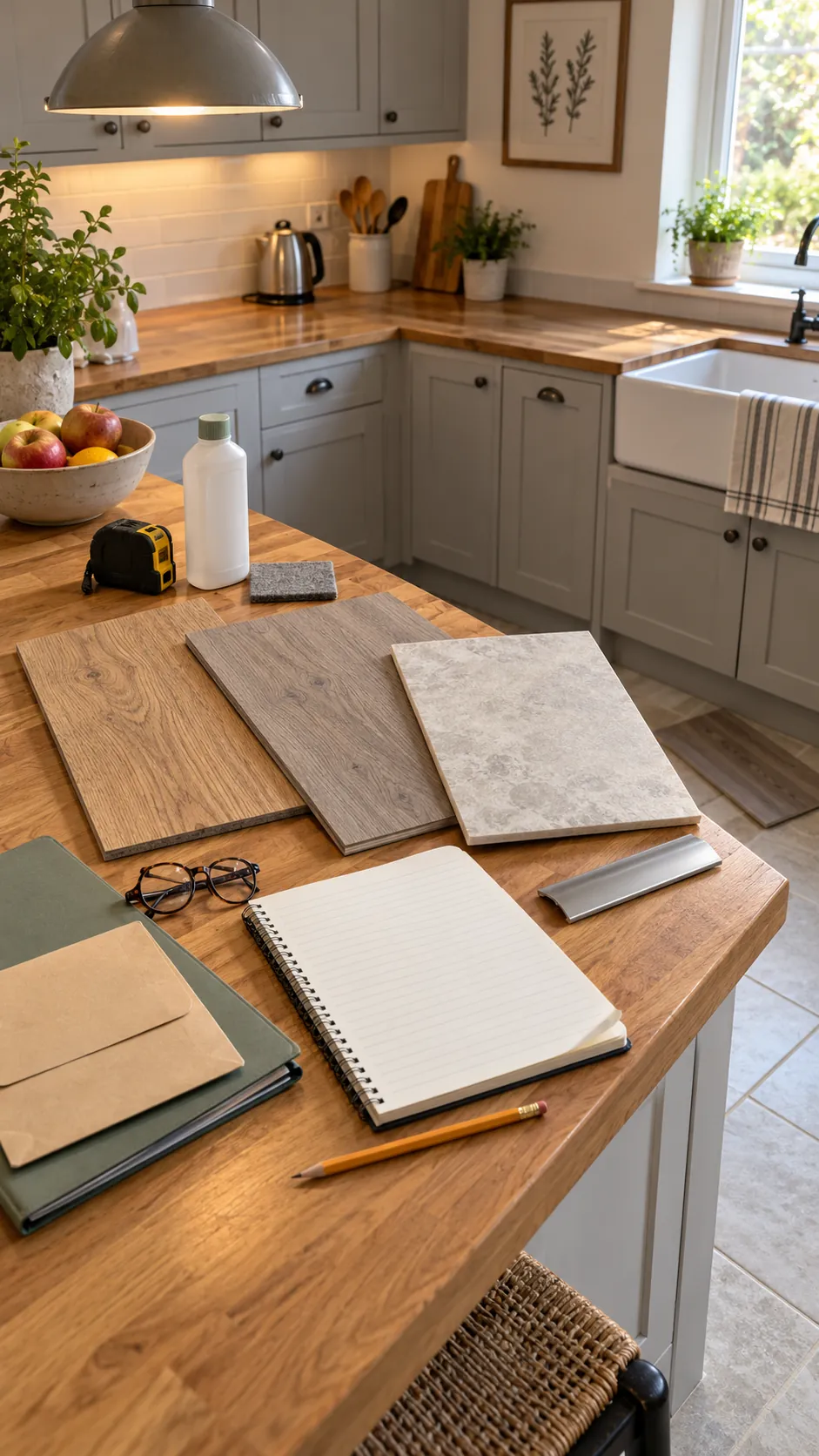 Flooring samples and blank product notes reviewed in a real kitchen