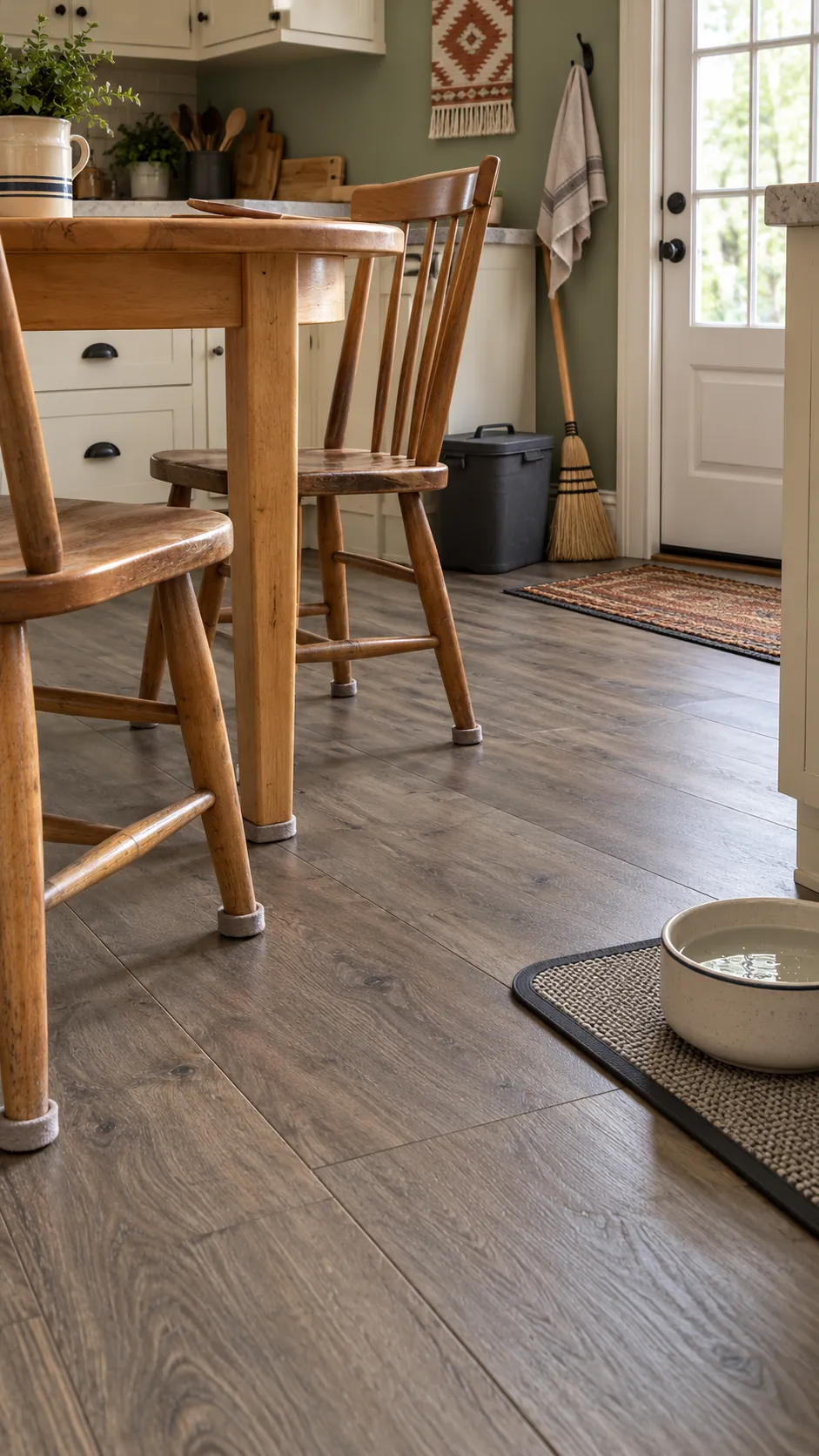 Durable matte kitchen floor with chair pads and a protected pet water station