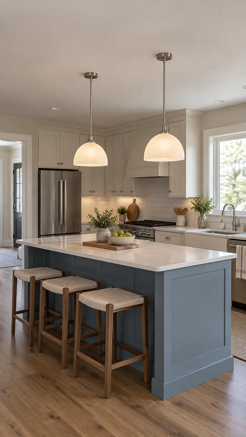 Balanced affordable pendant lights above a measured kitchen island