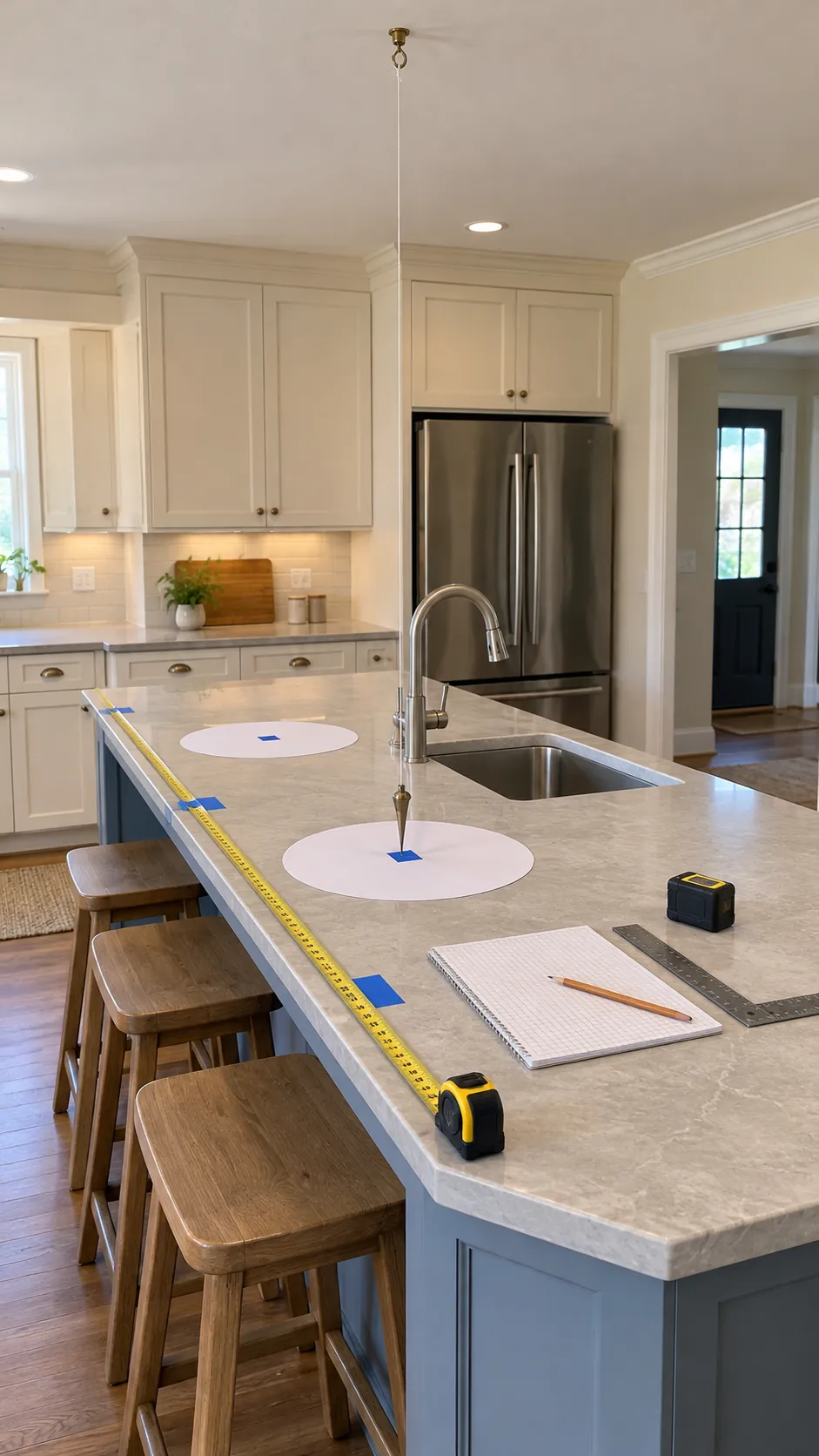 Kitchen island measured for pendant light quantity and spacing