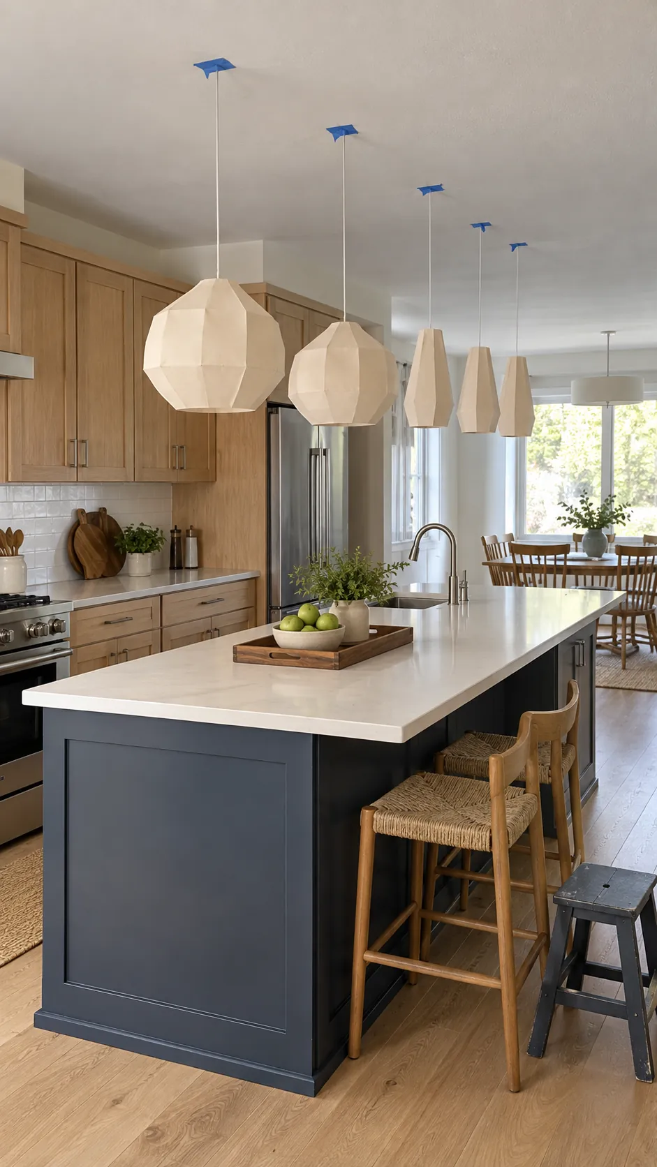 Two and three pendant light mockups compared over a kitchen island