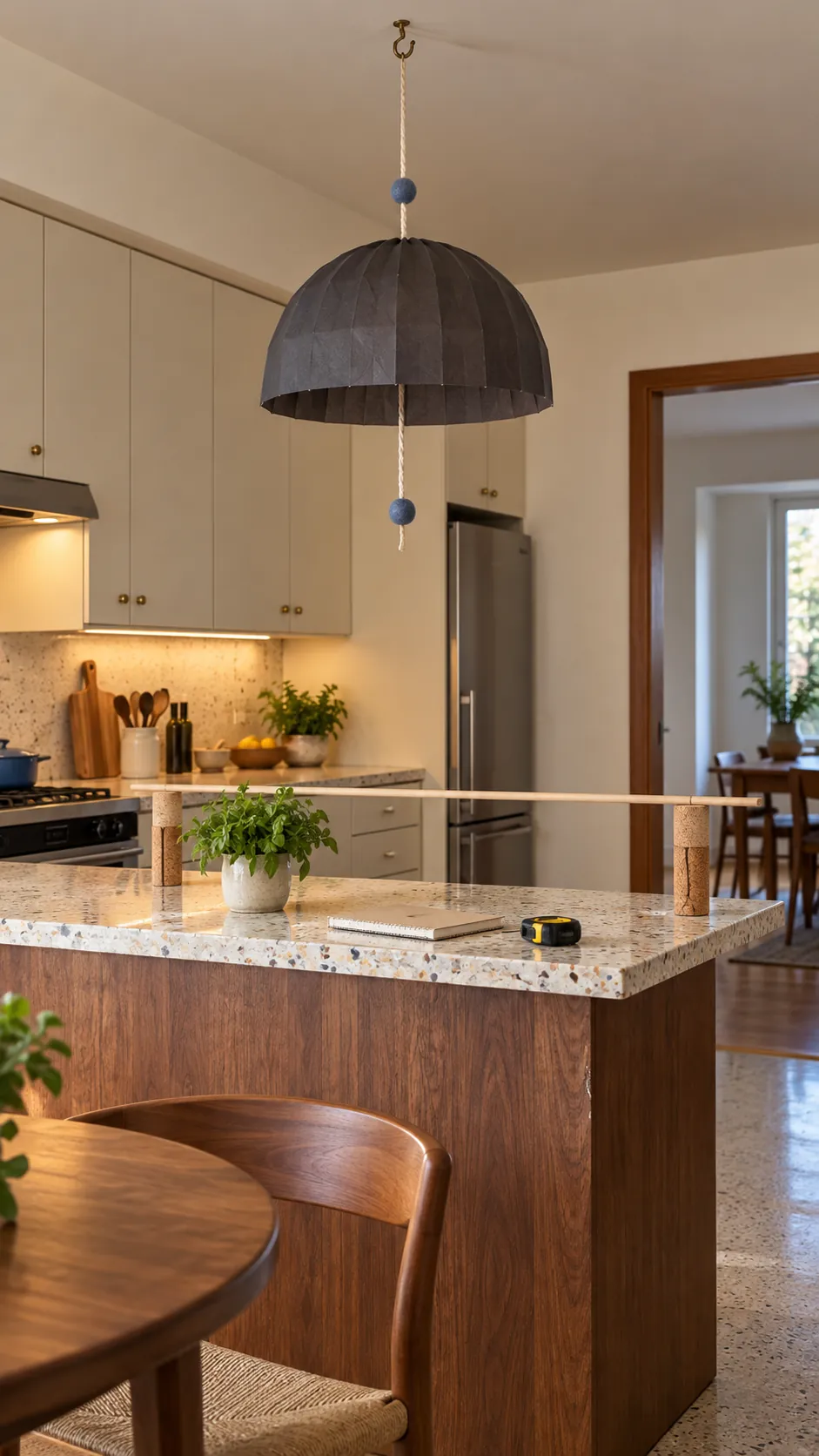 Pendant light hanging height tested above a kitchen island with a paper mockup