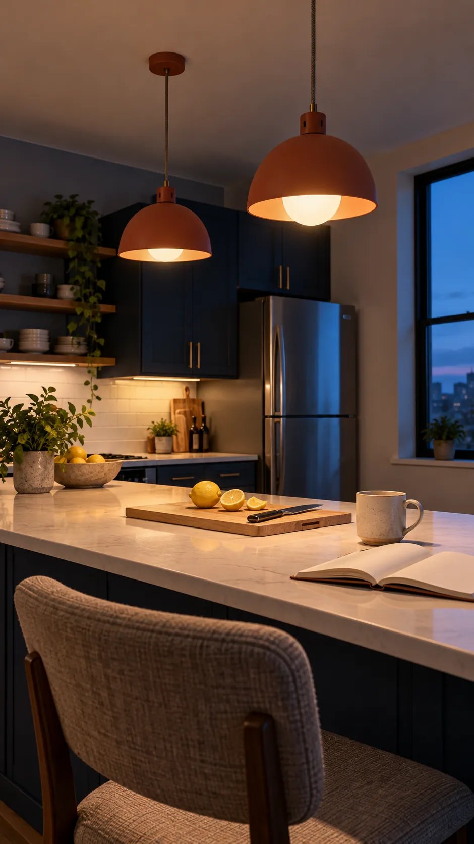 Kitchen pendant shades tested for task light glare and seated sightlines