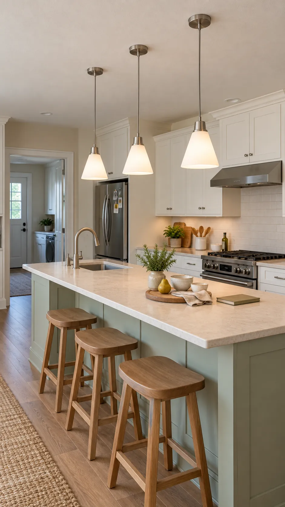 Finished affordable kitchen island with balanced pendant light spacing