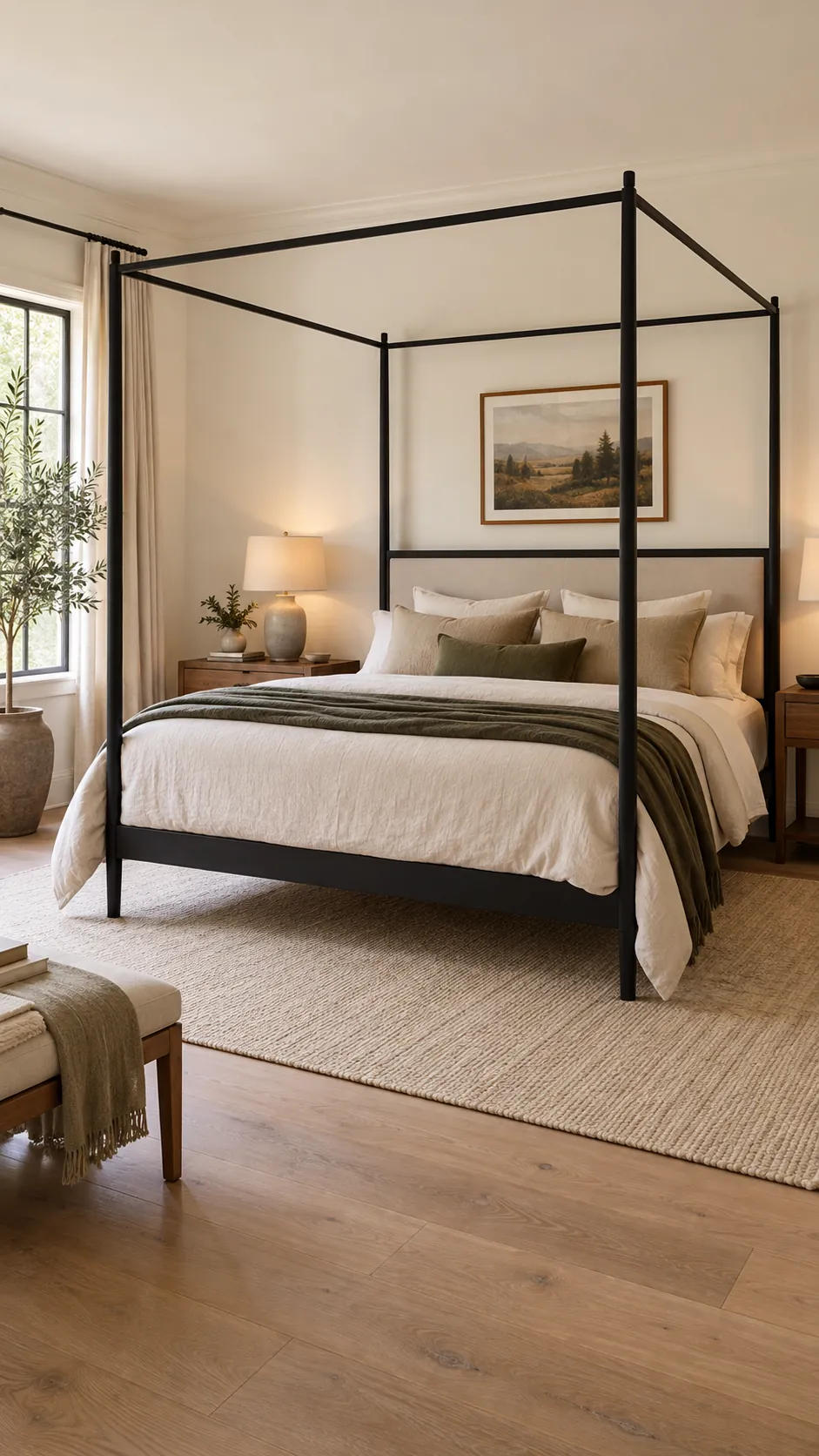 Slim black canopy bed against bright warm white walls