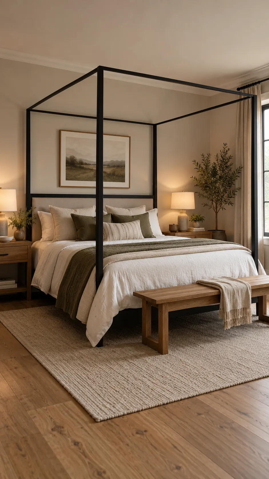 Black canopy bed with warm wood bedside tables