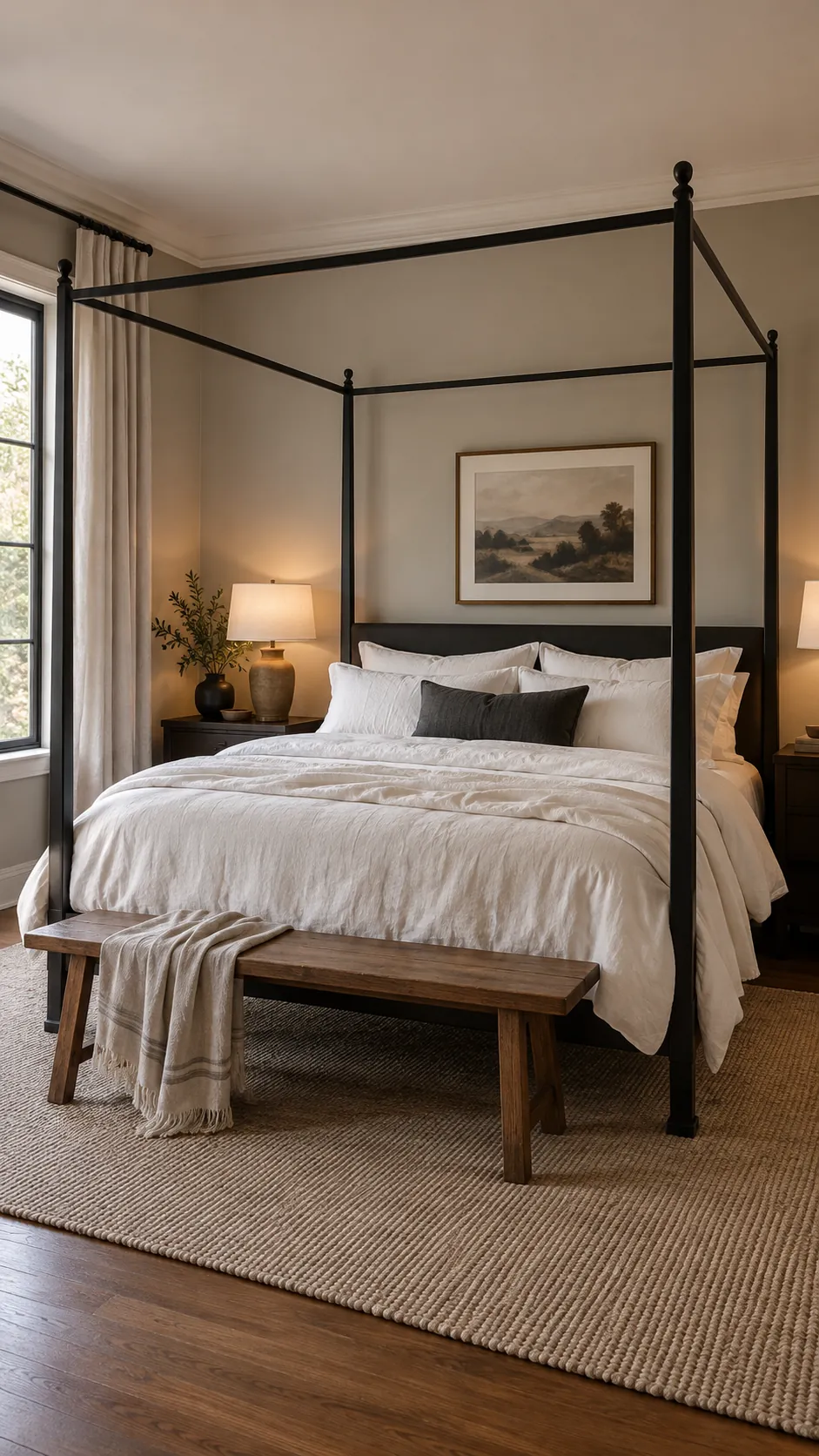 Black canopy bed softened with white linen bedding