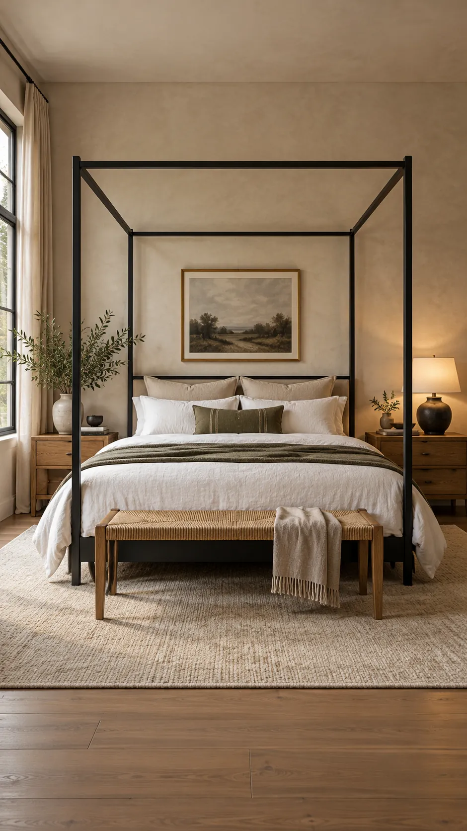 Warm black canopy bedroom with white linen and oak furniture