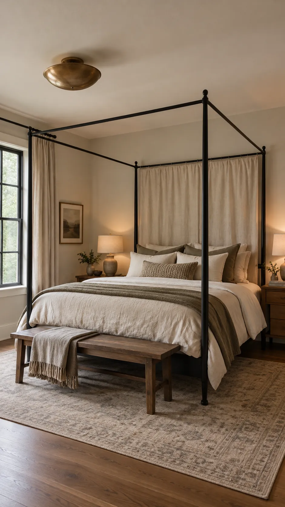 Black canopy bed with linen panels behind the headboard