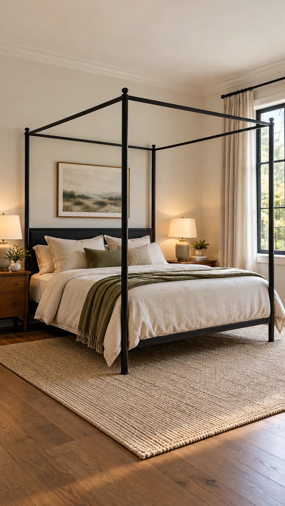Bare black canopy rails in an open airy bedroom