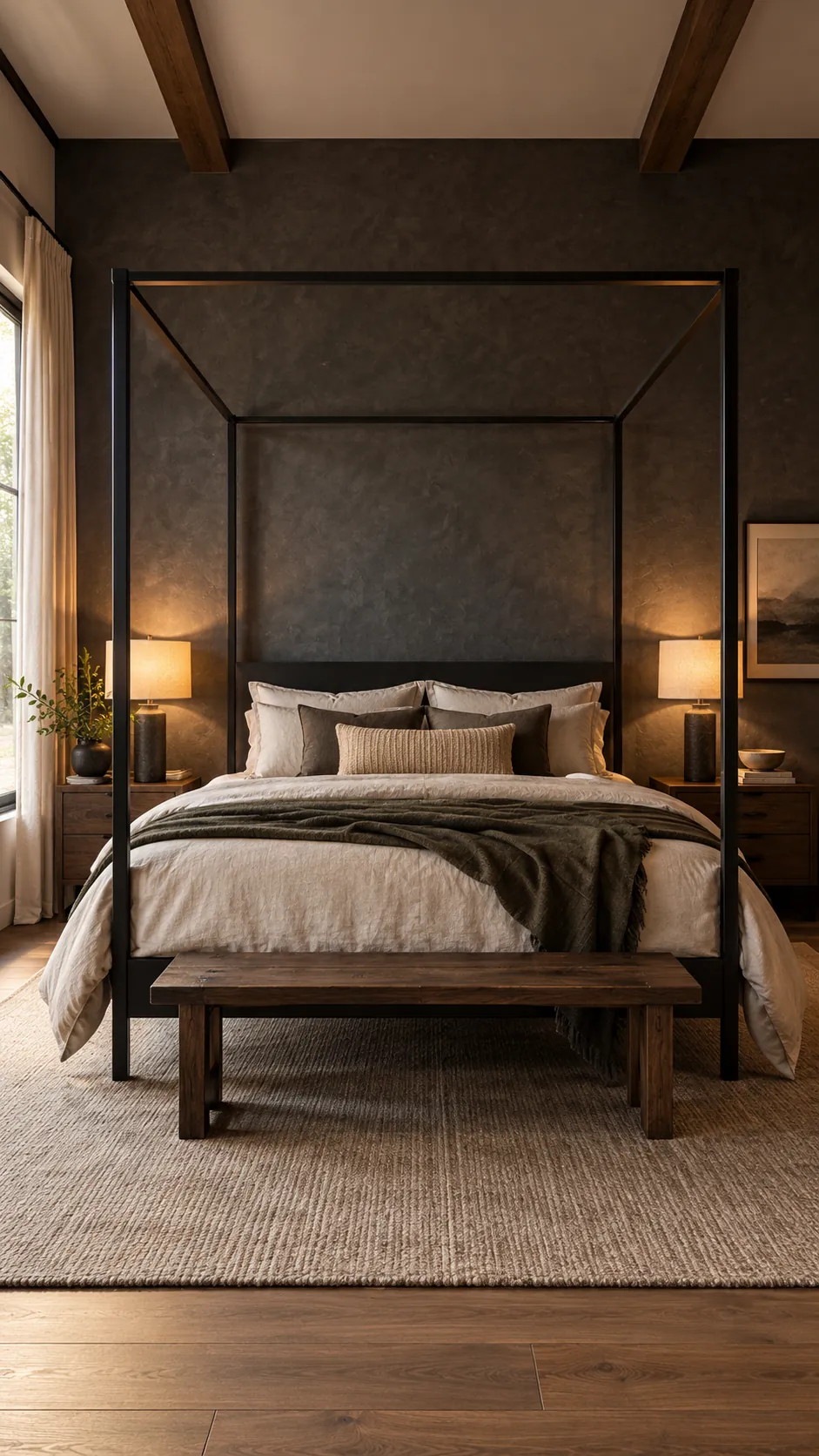 Black canopy bed against a charcoal wall with pale bedding