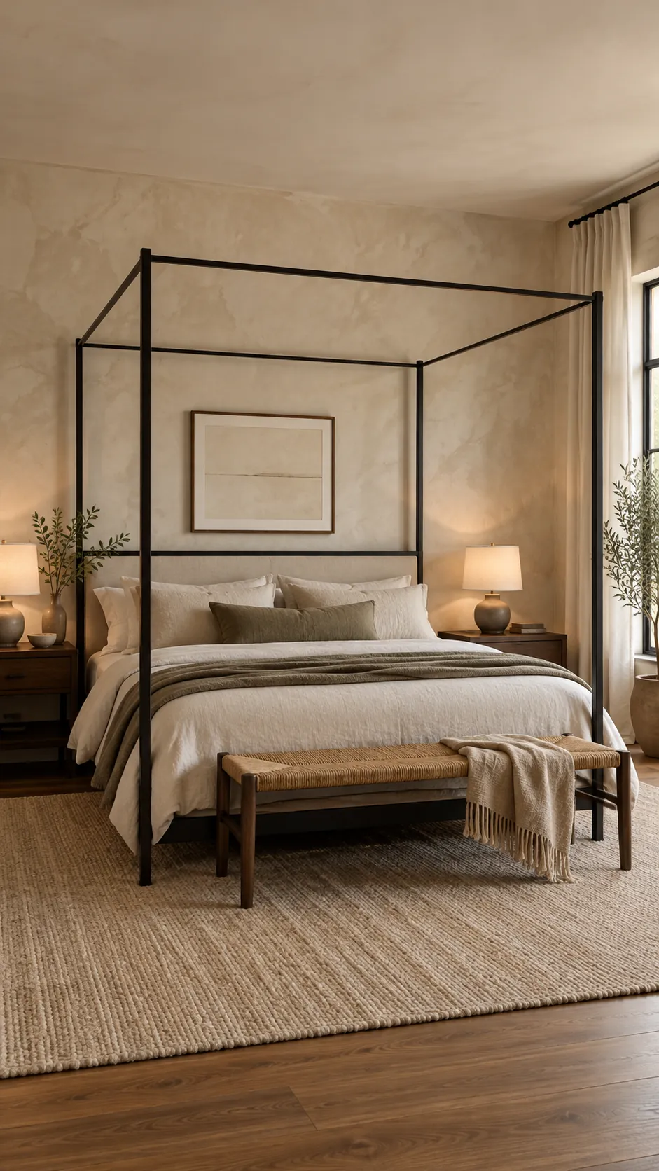 Black canopy bed against a cream limewash wall