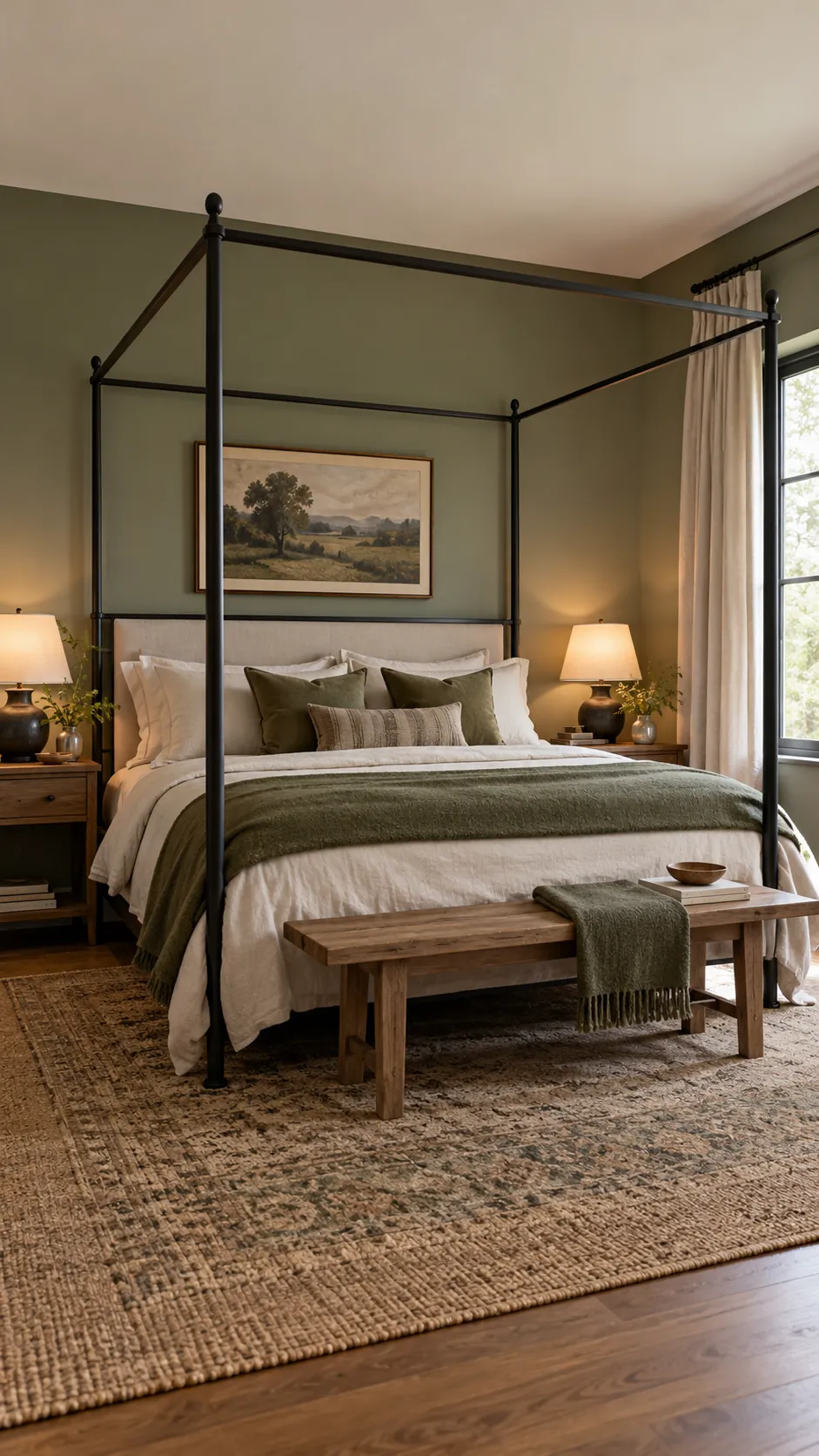Black canopy bed in a muted sage bedroom