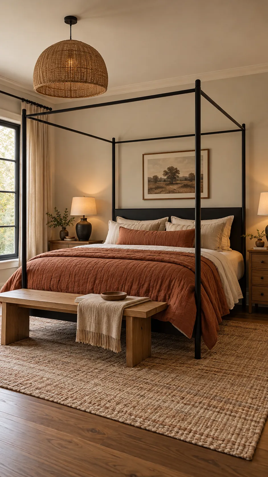 Black canopy bed with a terracotta quilt and cream bedding