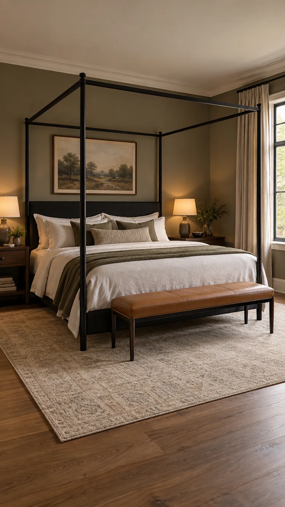 Black canopy bed with a slim camel leather bench