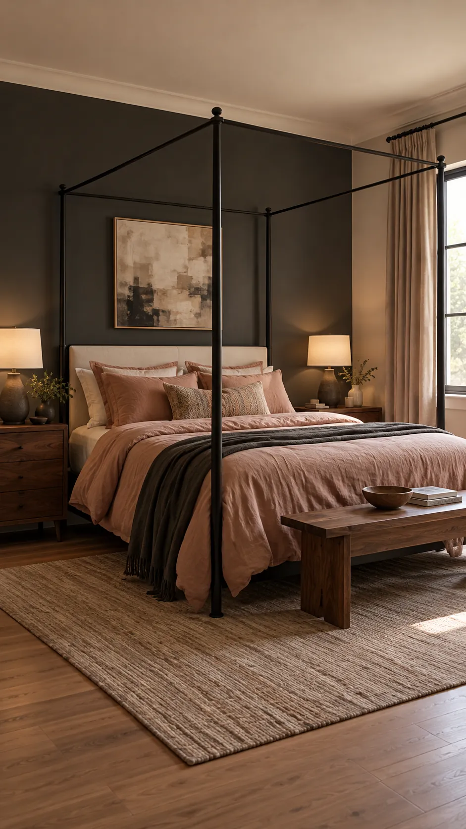 Black canopy bedroom with dusty rose linen and walnut furniture