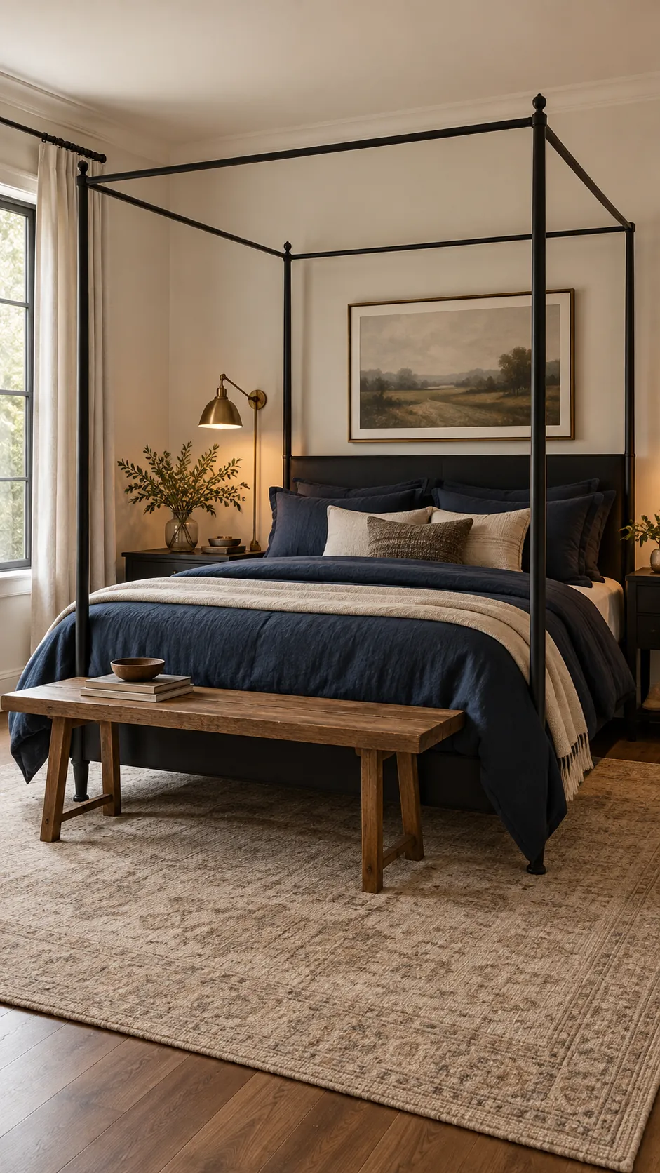 Black canopy bed with navy bedding and a brass wall light