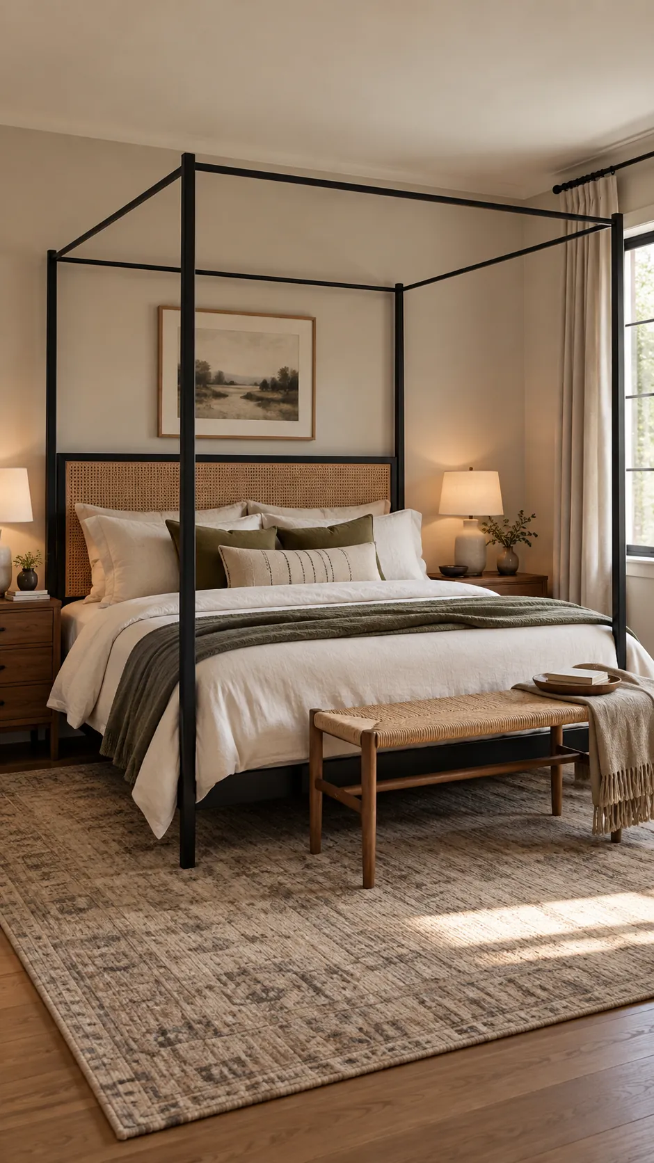 Black canopy bed with a woven cane headboard insert