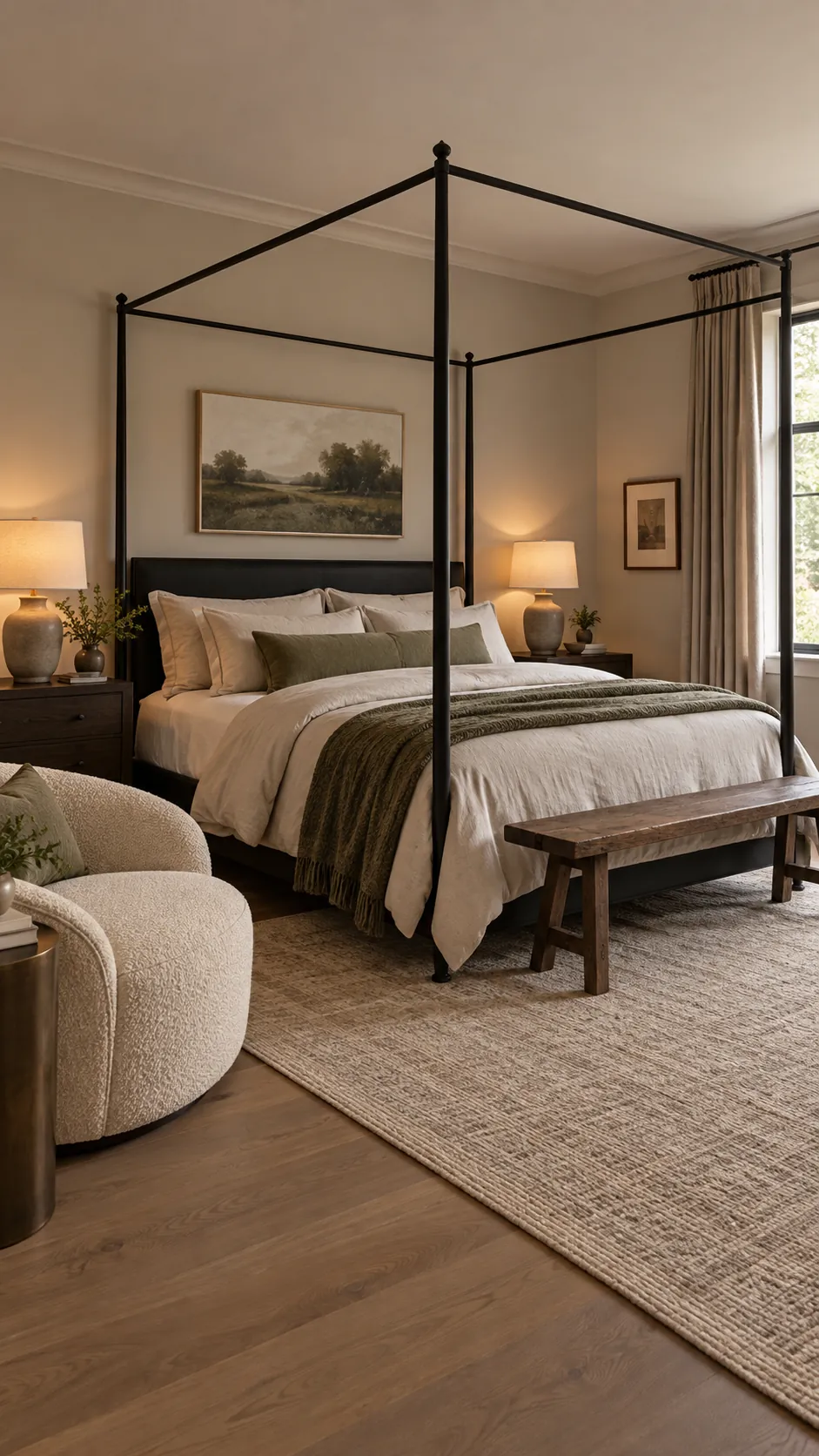 Black metal canopy bed beside a cream boucle chair