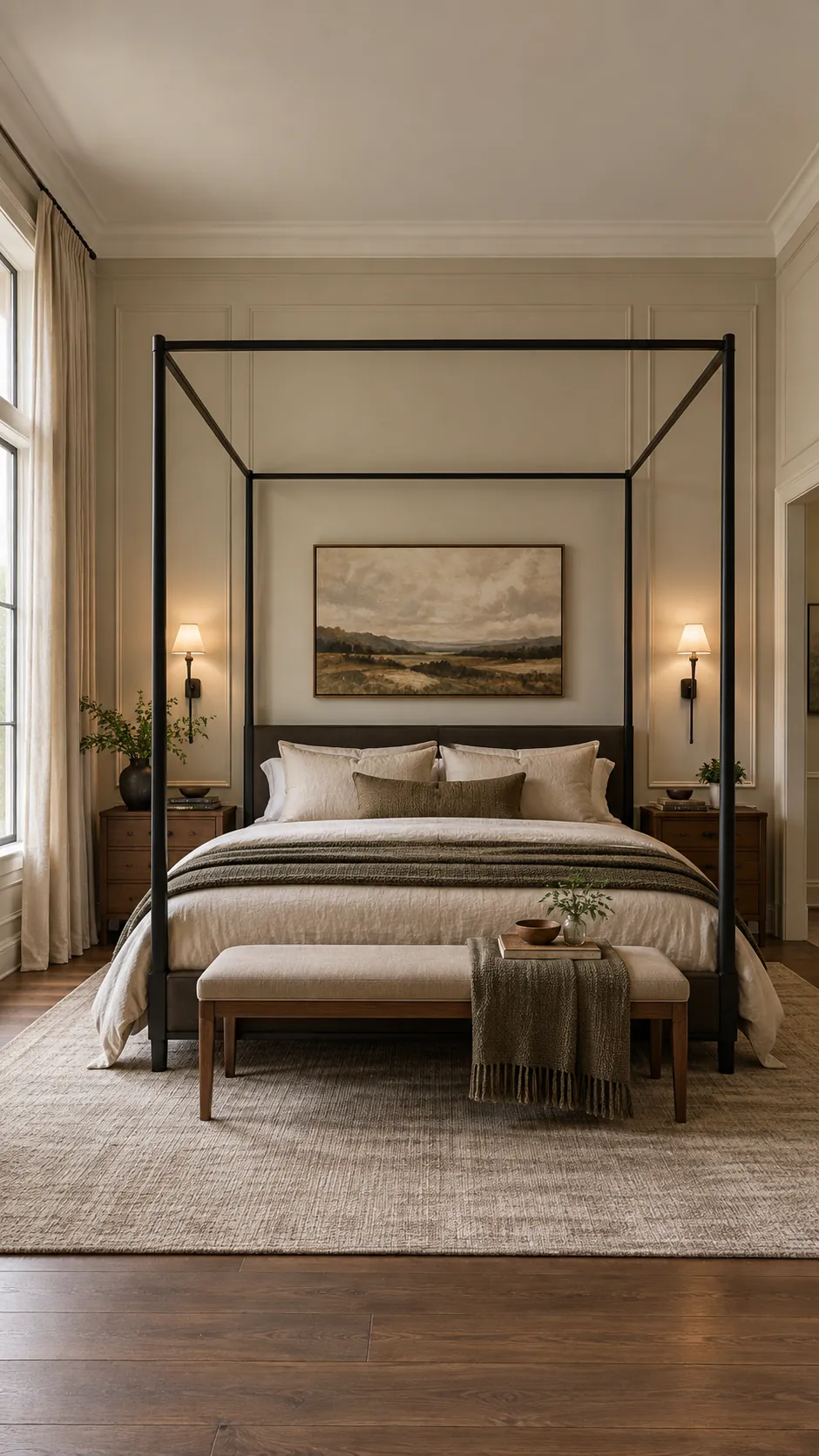 Black canopy bed with clear space under a high ceiling