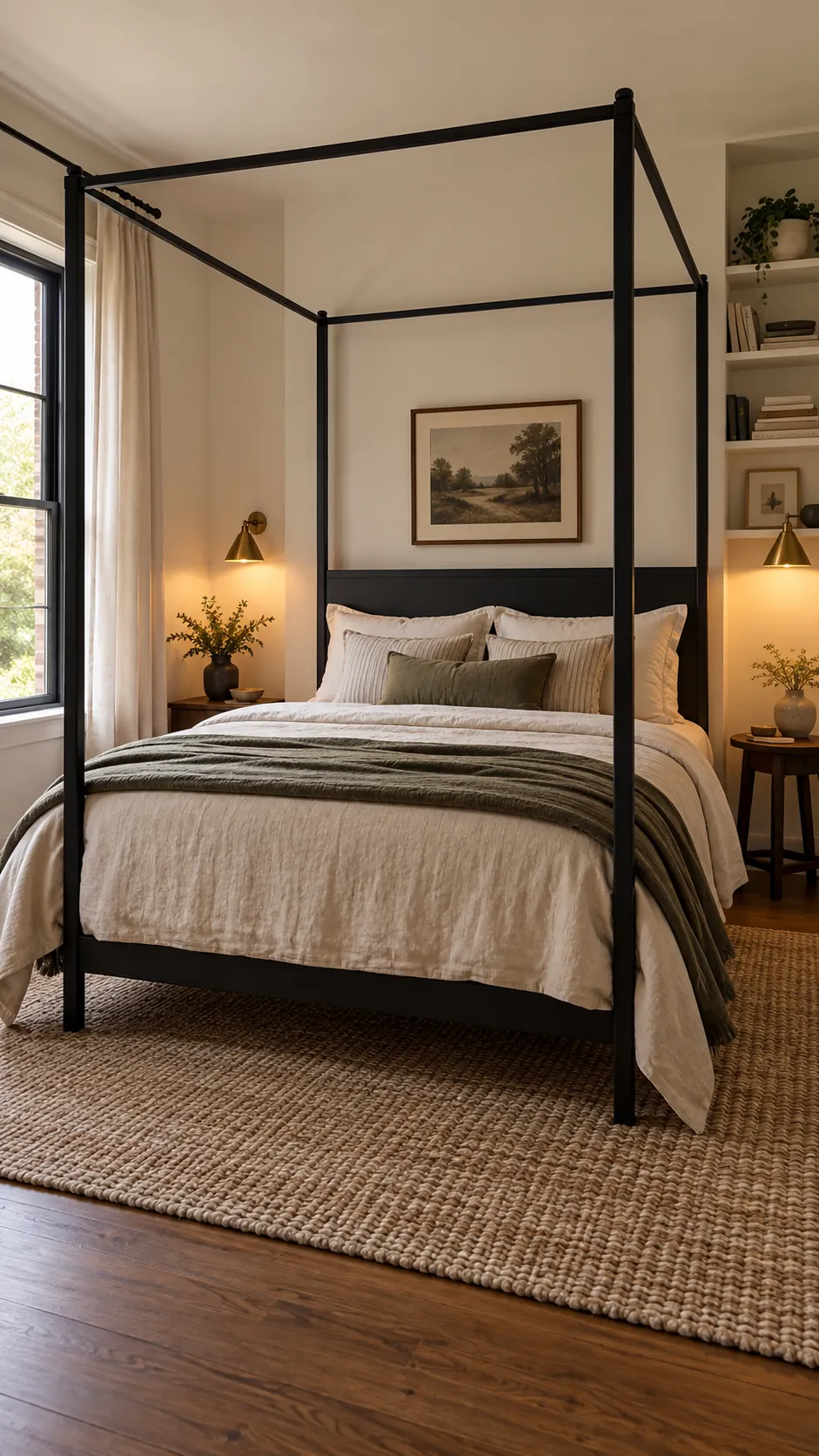 Black canopy bed against a white wall in a small bedroom