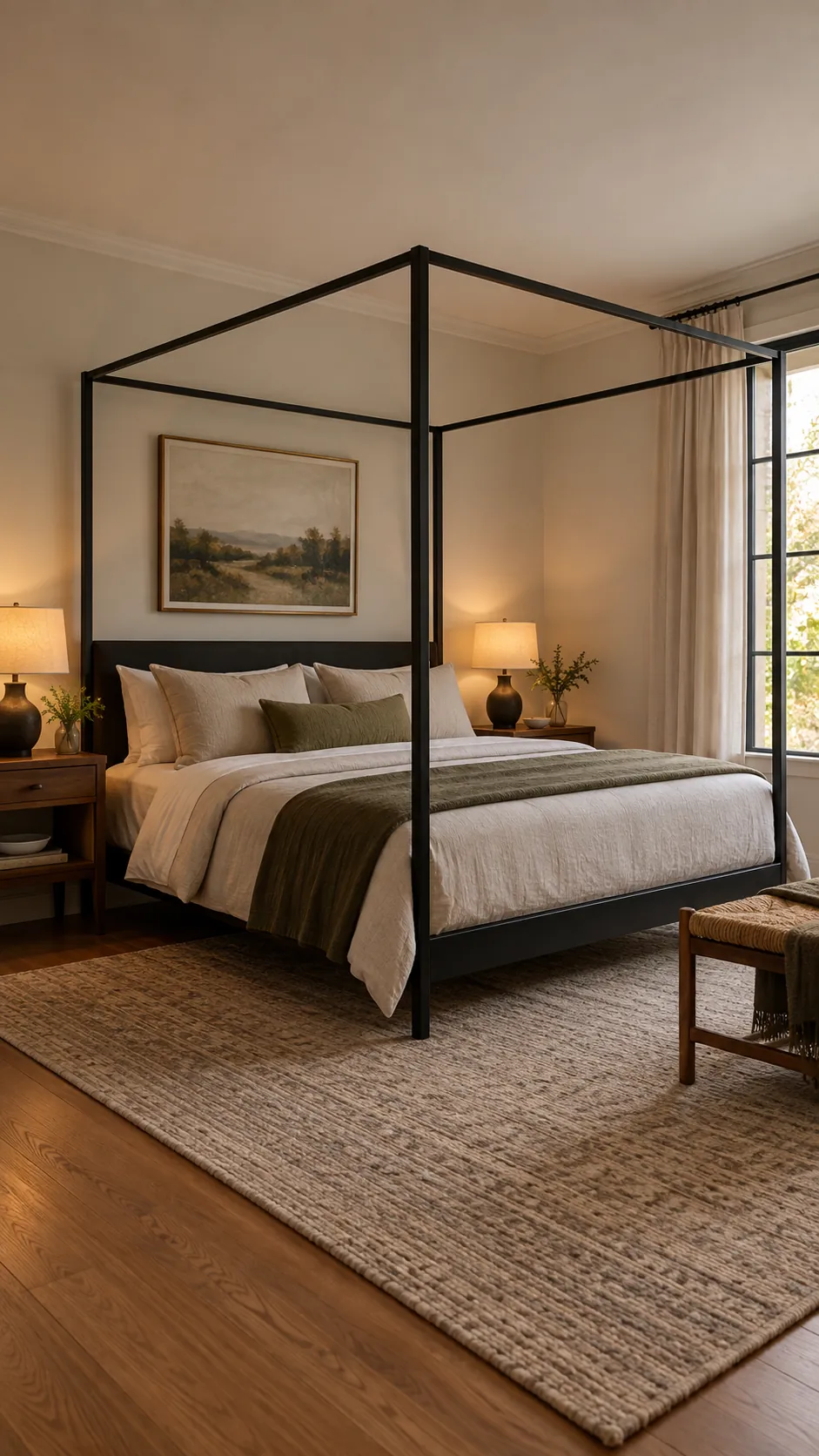 Low profile black canopy bed in a modest bedroom