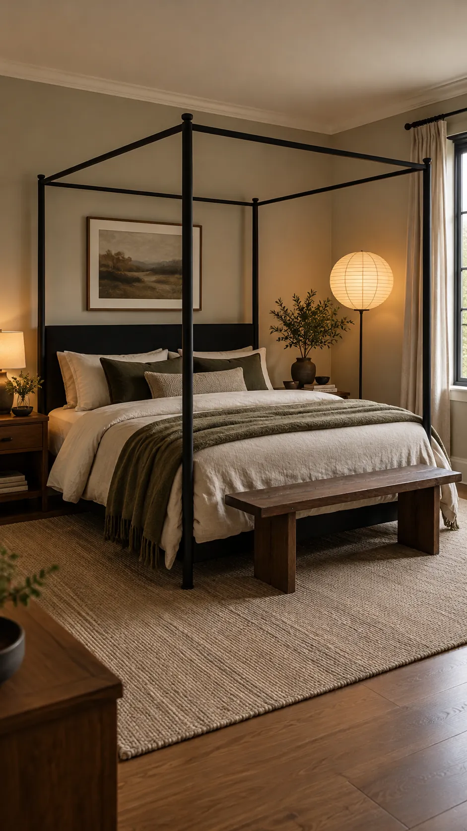 Black canopy bed lit by a soft paper shade floor lamp