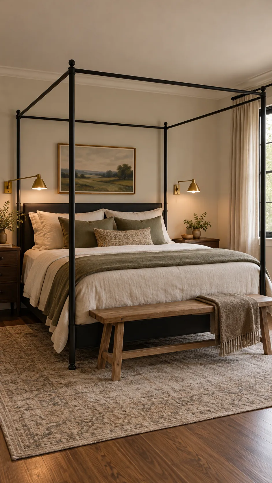 Black canopy bed with warm swing arm reading lights