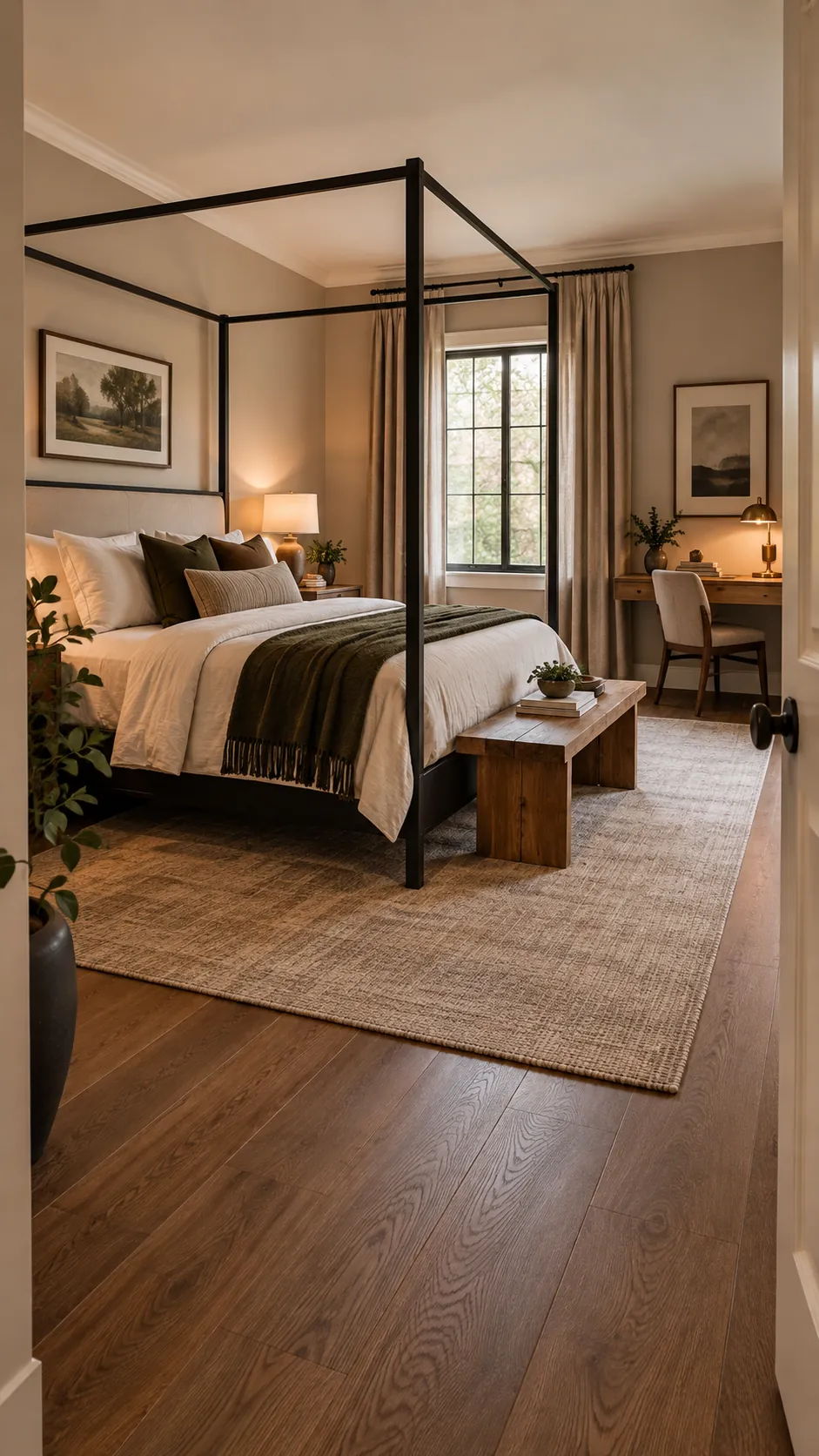 Black canopy bedroom with a compact wall workspace