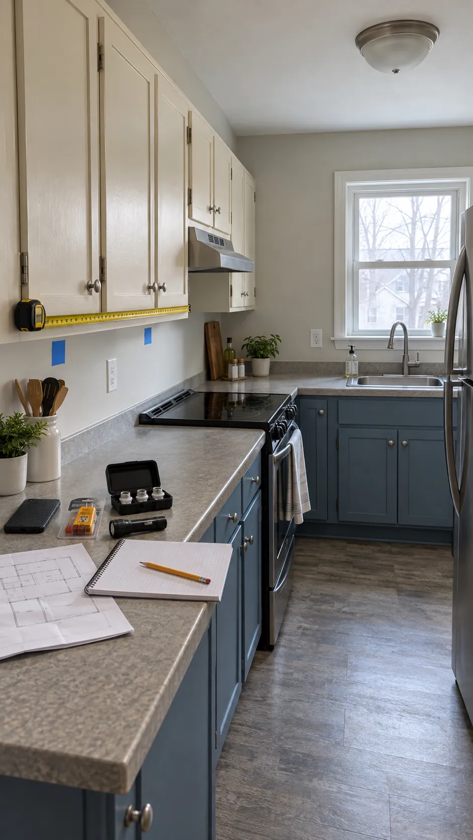 Kitchen counter and cabinet runs measured before buying budget lighting