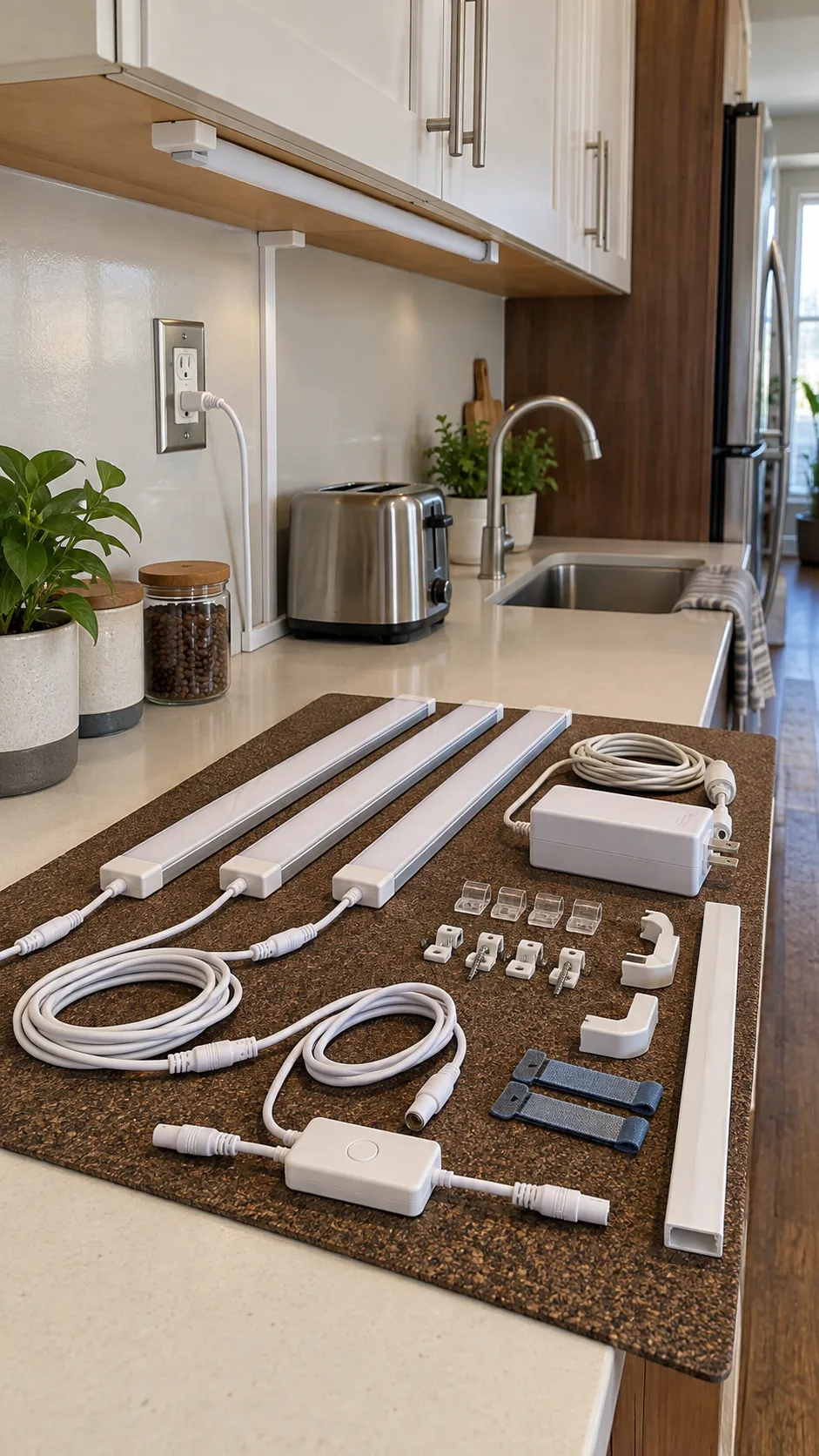 Complete affordable under cabinet lighting kit arranged on a kitchen counter
