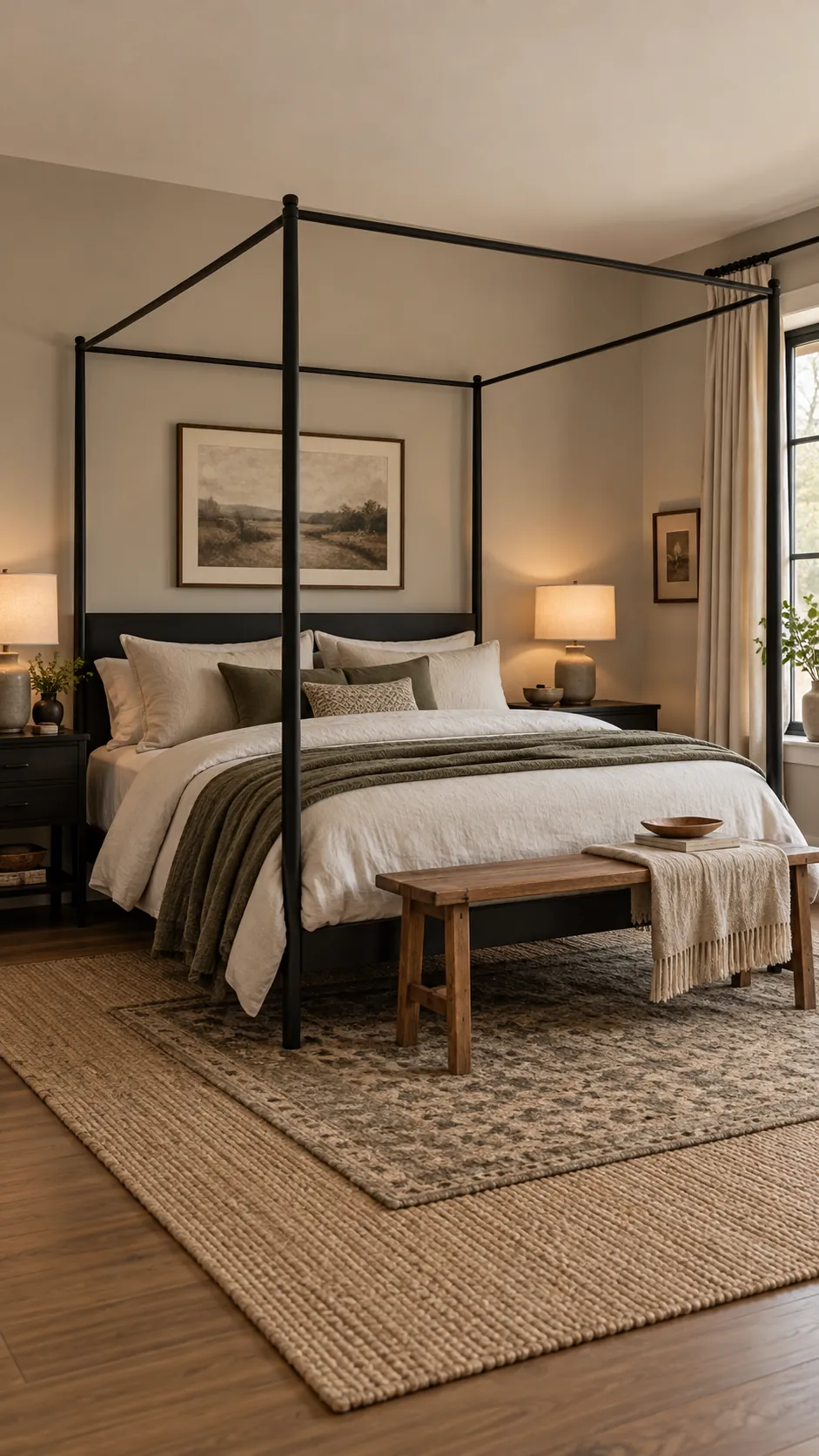 Black canopy bed over layered neutral rugs