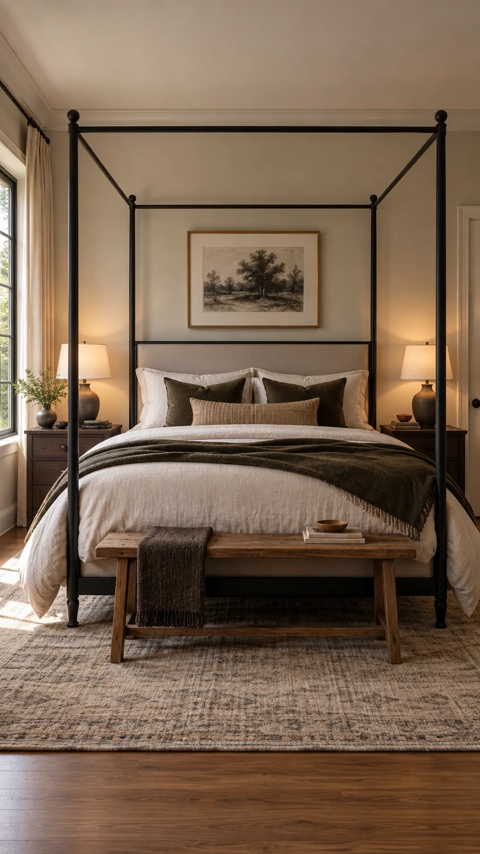 Black canopy bed with one charcoal line drawing