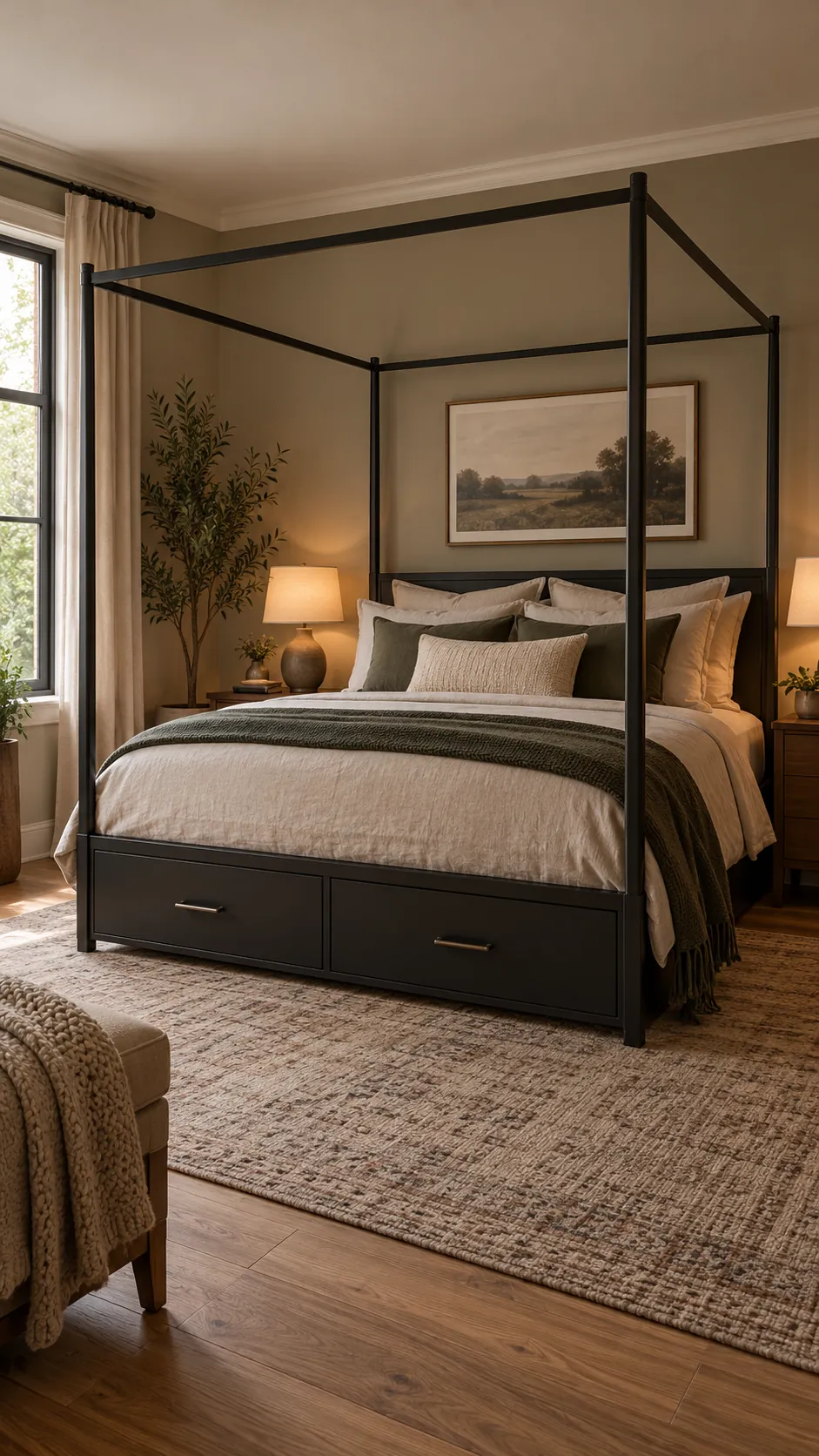Black canopy bed with closed storage drawers underneath
